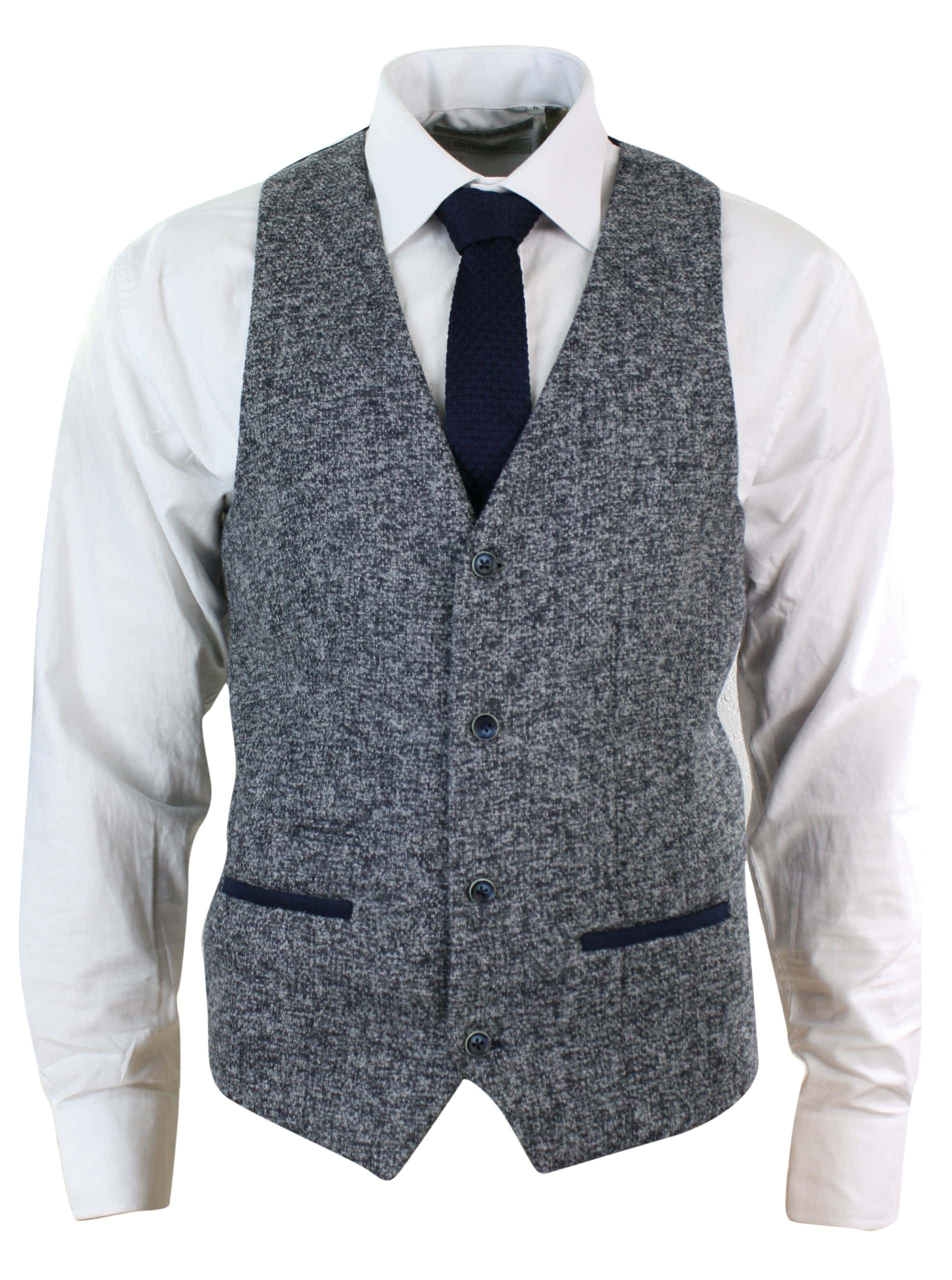 Mens Grey Blue Herringbone Tweed Slim Fit Chunky Waistcoat Blazer