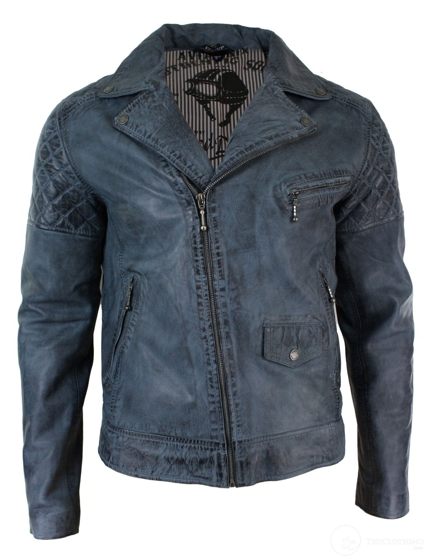 Real Leather Vintage Washed Biker Mens Jacket Cross Zip Retro