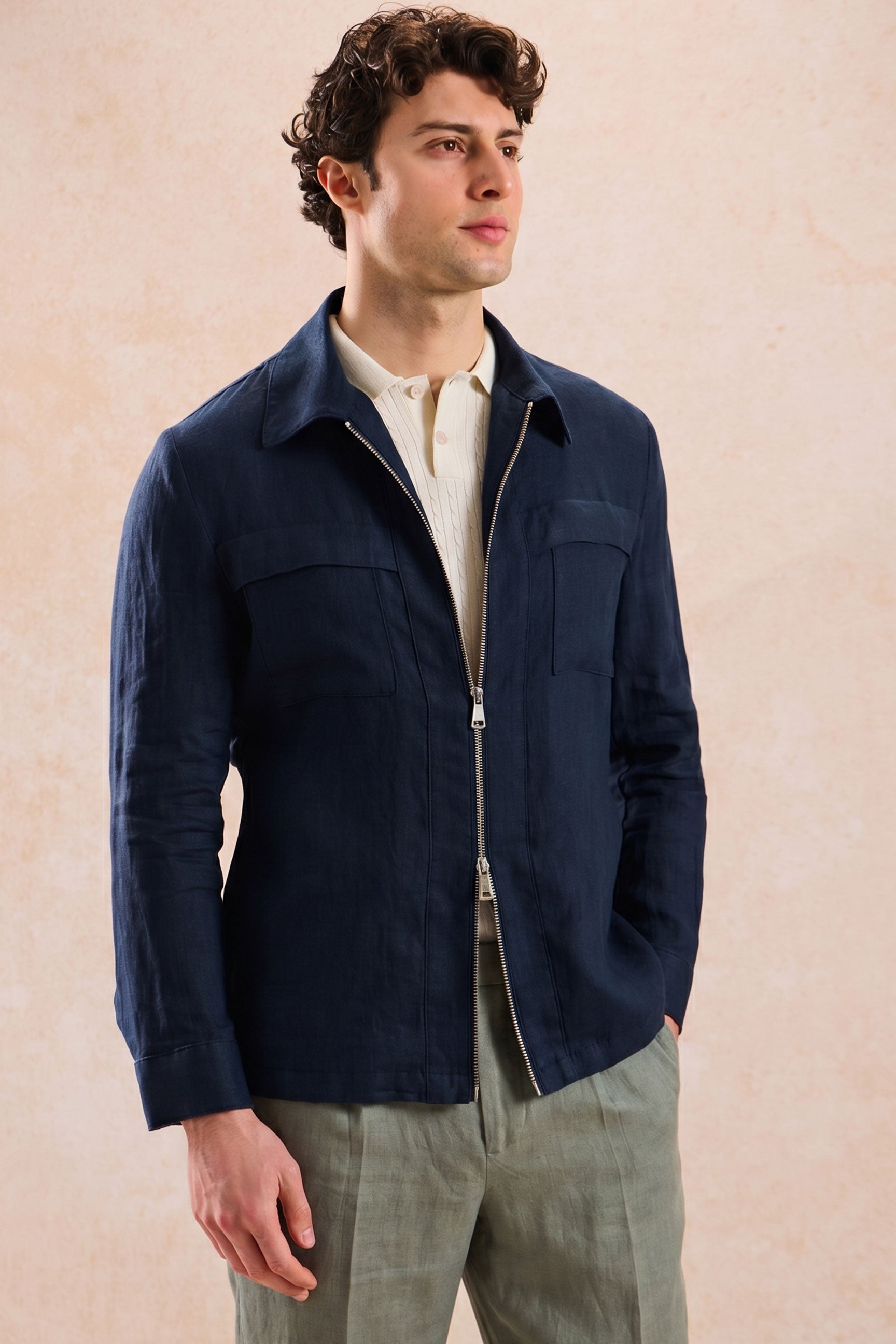 Men's Navy Linen Zip Jacket & Sage Trousers Set | Happy Gentleman