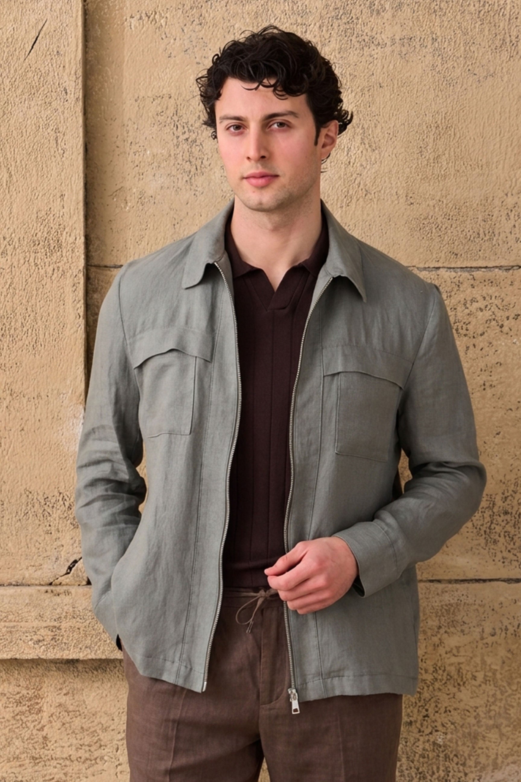 Mens Sage Green Zip Linen Jacket & Brown Trousers Set Smart Casual Summer Outfit Mens Sage Green Zip Linen Jacket & Brown Trousers Set Smart Casual Summer Outfit