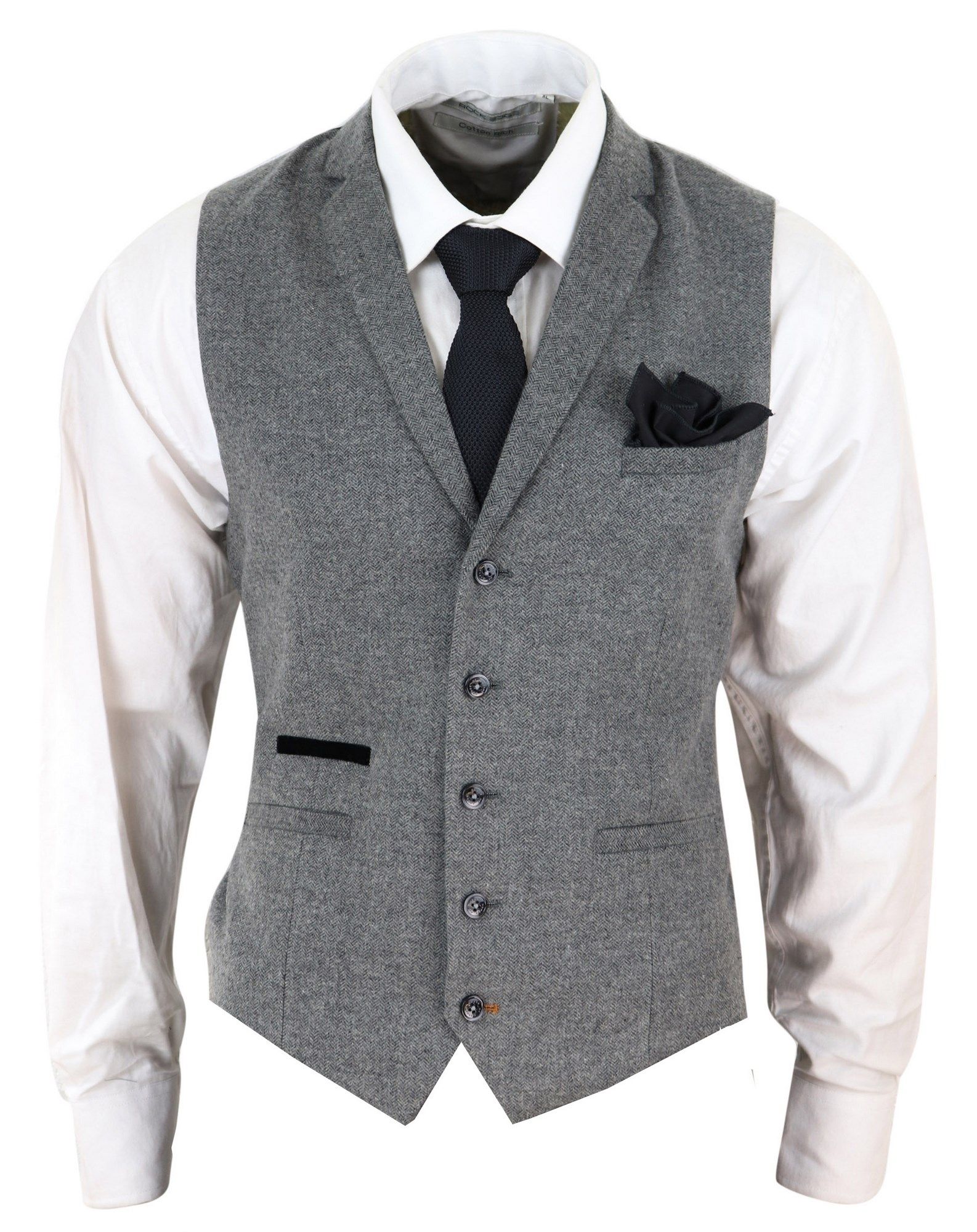 Mens Dark Grey Herringbone Tweed Waistcoat: Buy Online Happy