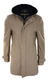 Mens 3/4 Long Overcoat Camel Jacket Coat Removable Hood Smart Casual Winter Warm Wool