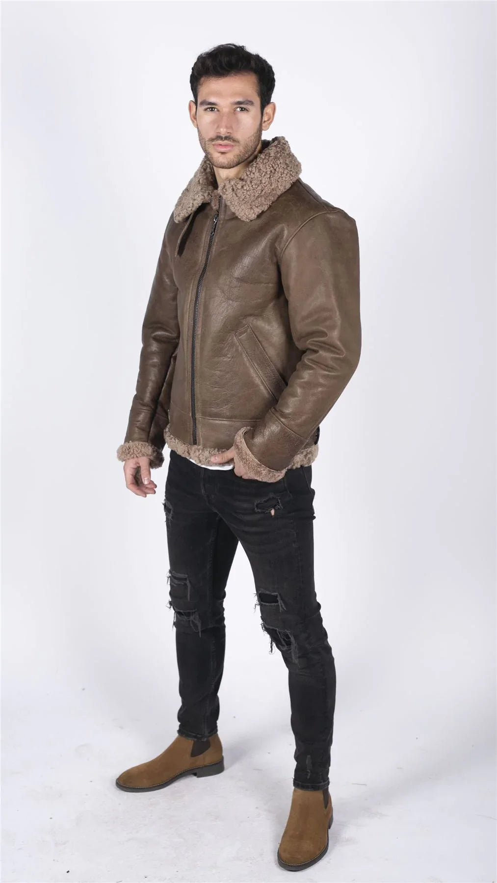 Mens Genuine Sheepskin Leather B3 Flying Aviator Vintage Brown Teddy Sheep Fur