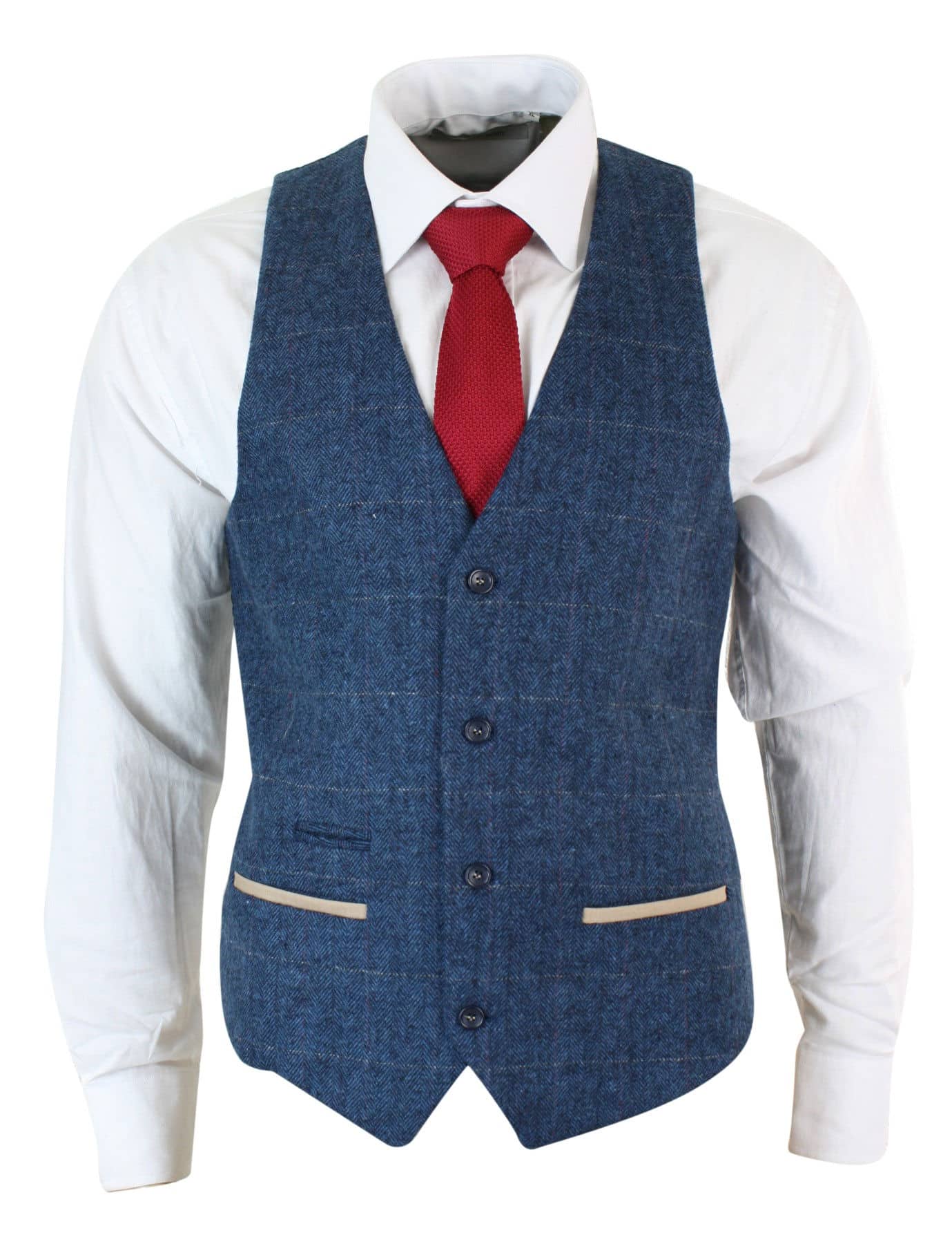 Mens Herringbone Tweed Vintage Check Waistcoat Velvet Trim Blue Brown Grey Mens Herringbone Tweed Vintage Check Waistcoat Velvet Trim Blue Brown Grey