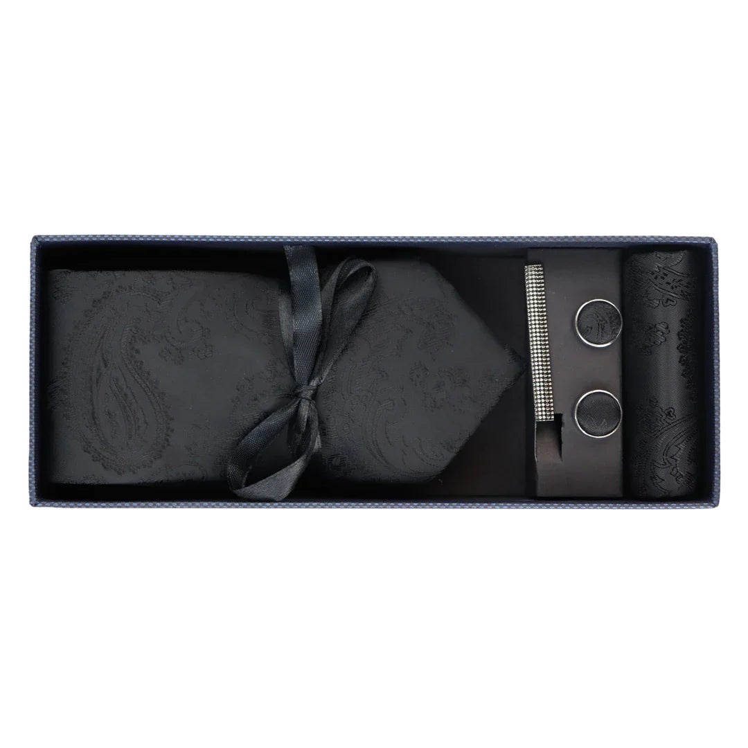 Paisley Neck Black Tie Gift Set Pocket Square Cuff Links Floral Satin