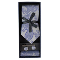 Paisley Neck Blue Tie Gift Set Pocket Square Cuff Links Floral Satin
