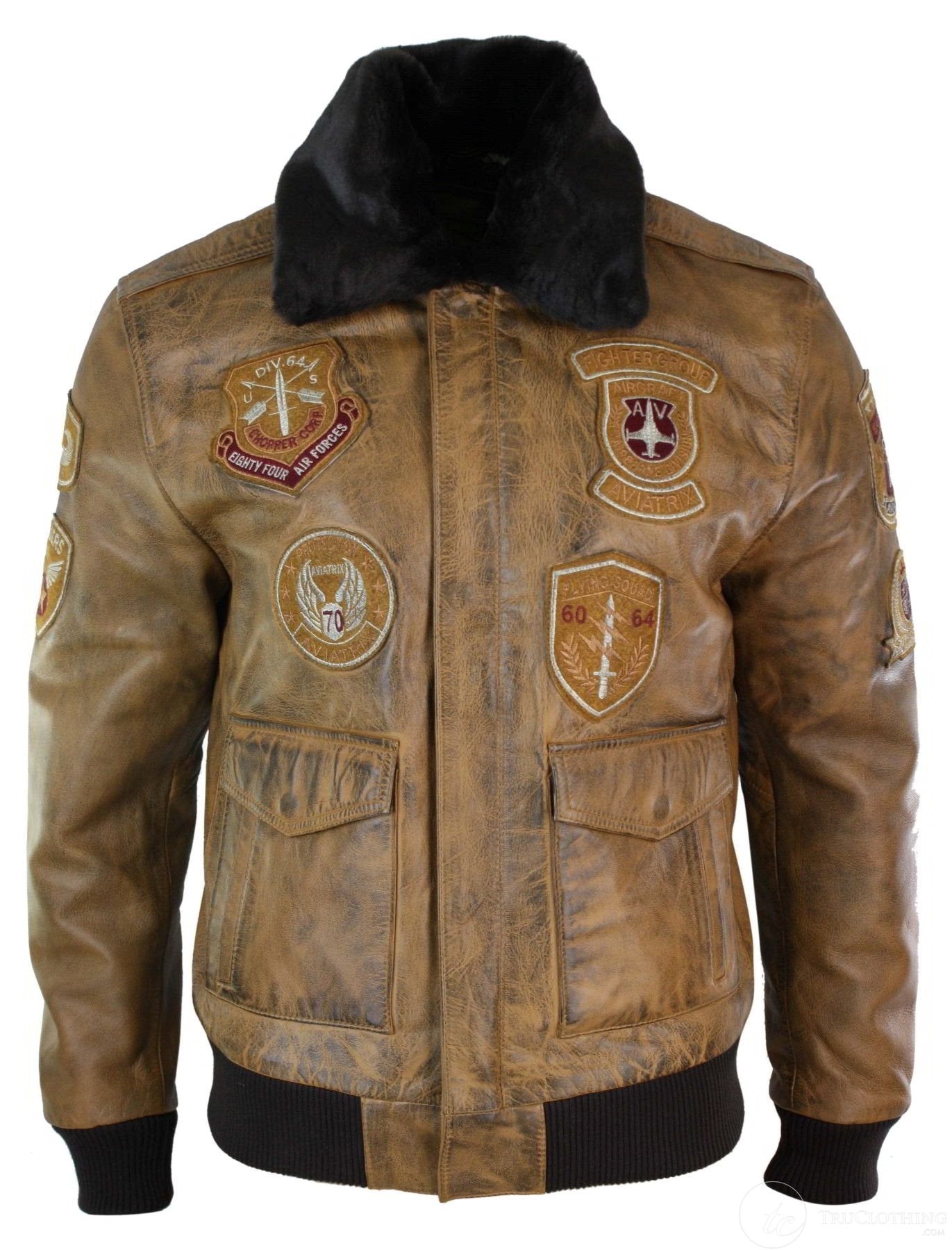 Mens Aviator Flying Pilot Bomber Jacket Vintage Tan Removable