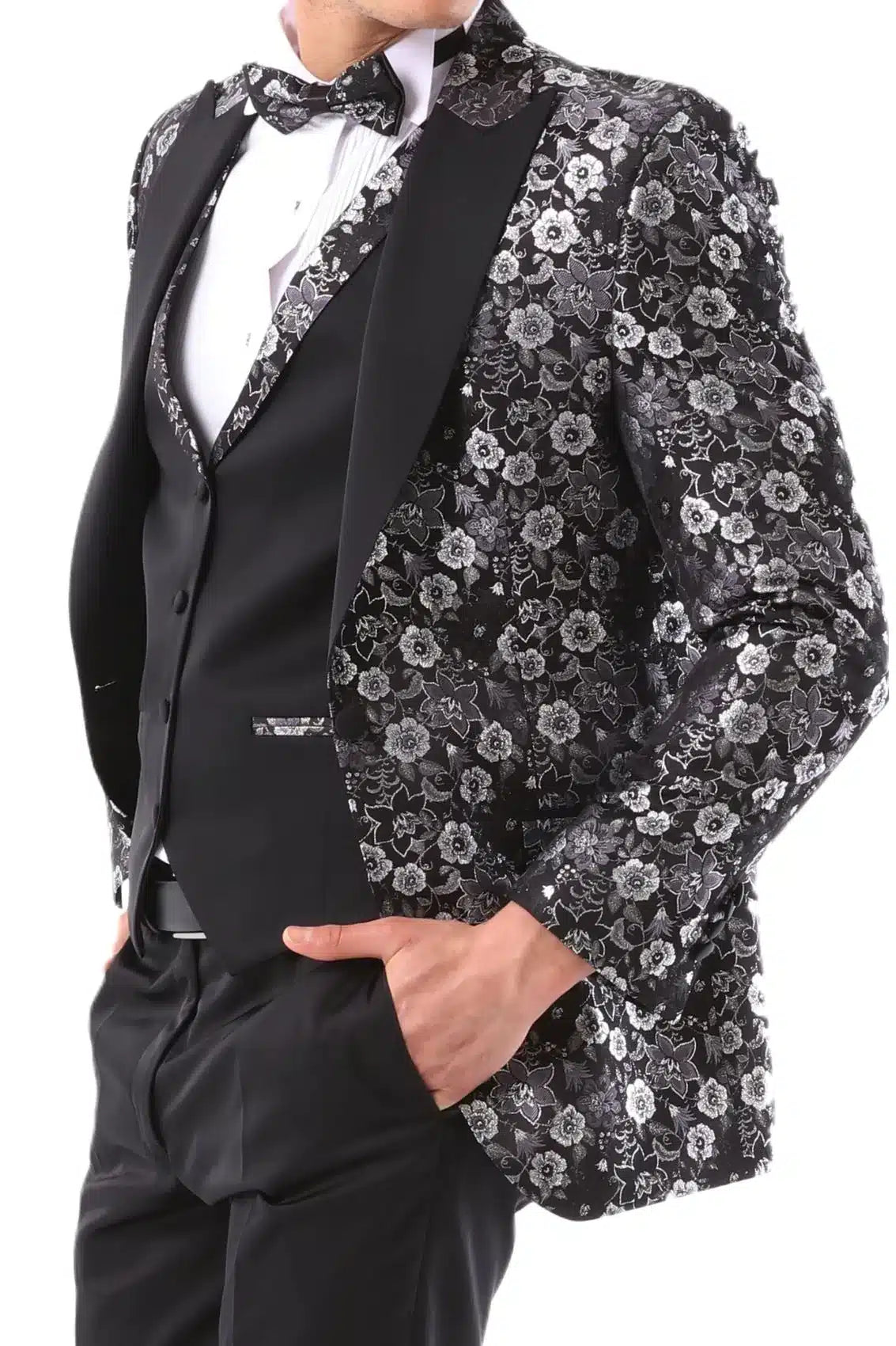 Mens Black Silver Paisley Tuxedo Suit Piece Wedding Prom Party