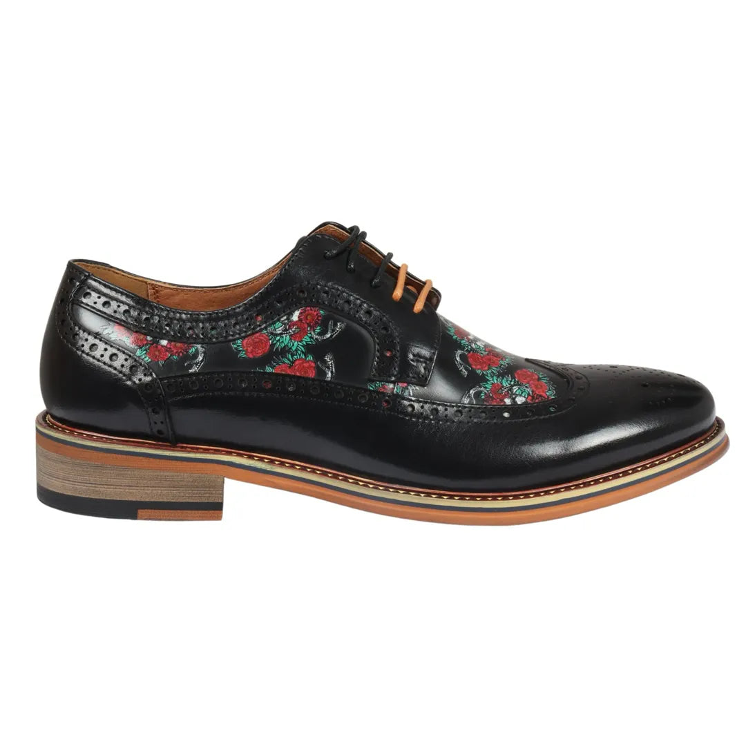 Ross Men's Black Floral Skull Print Leather Brogue Shoes: Buy