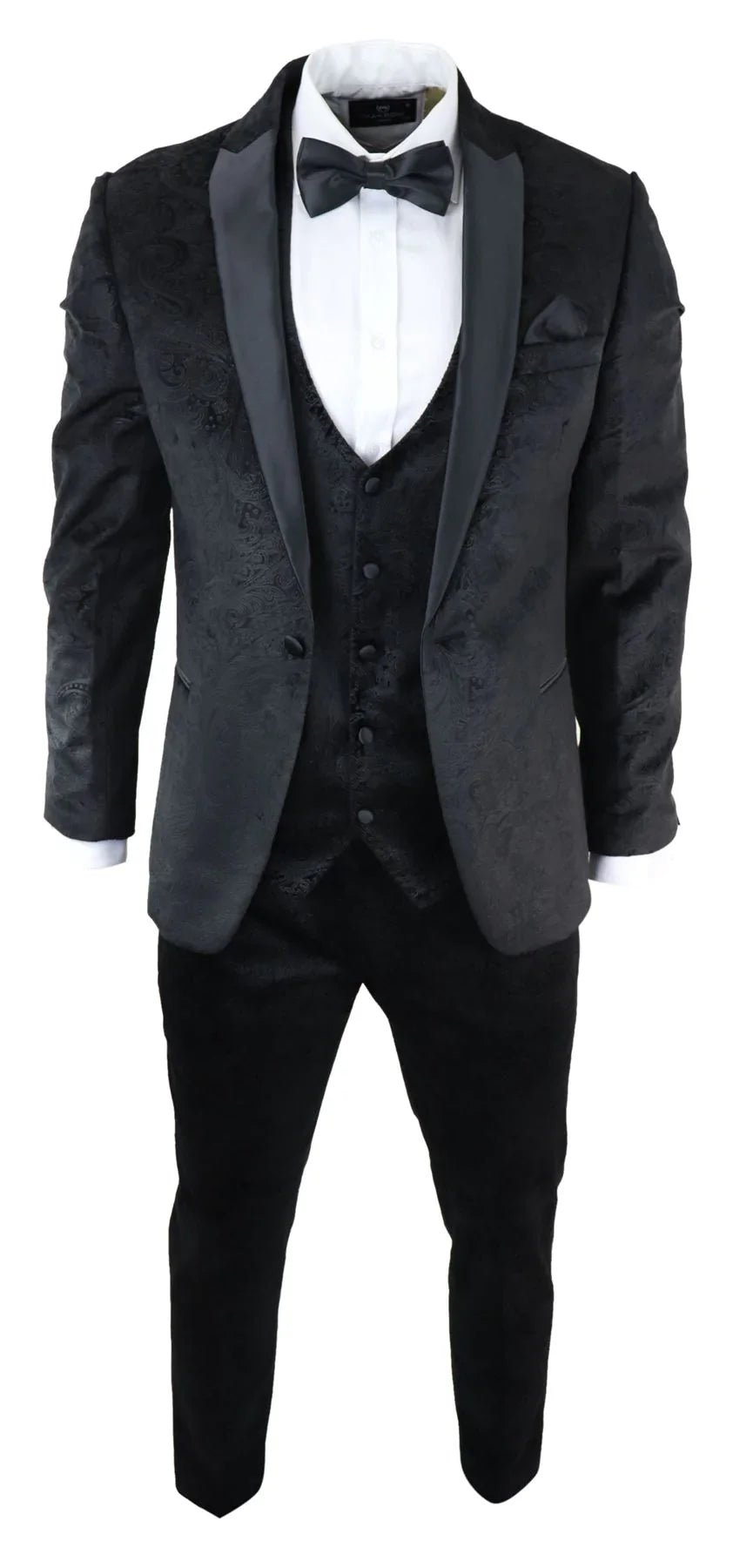 Mens Marc Darcy Velvet Paisley Black Fit 3 Piece Suit Tuxedo Dinner Jacket Wedding