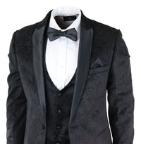 Mens Marc Darcy Velvet Paisley Black Fit 3 Piece Suit Tuxedo Dinner Jacket Wedding
