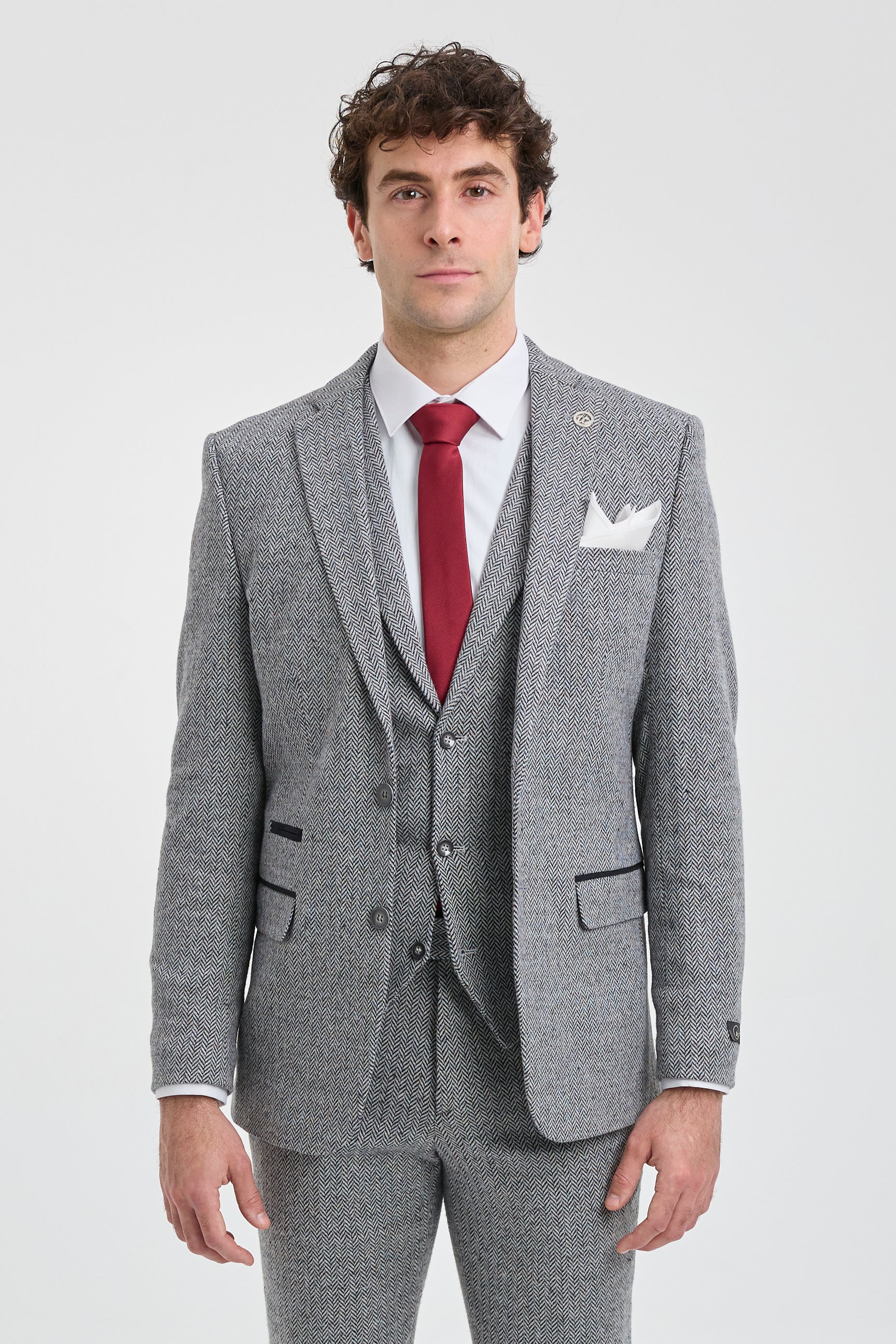 Men's Light Grey 3 Piece Tweed Herringbone Suit - STZ11: Buy