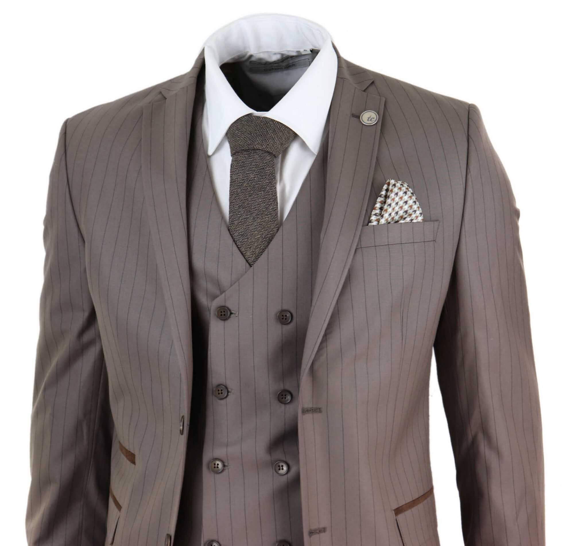 Mens 3 Piece Pinstripe Beige Suit