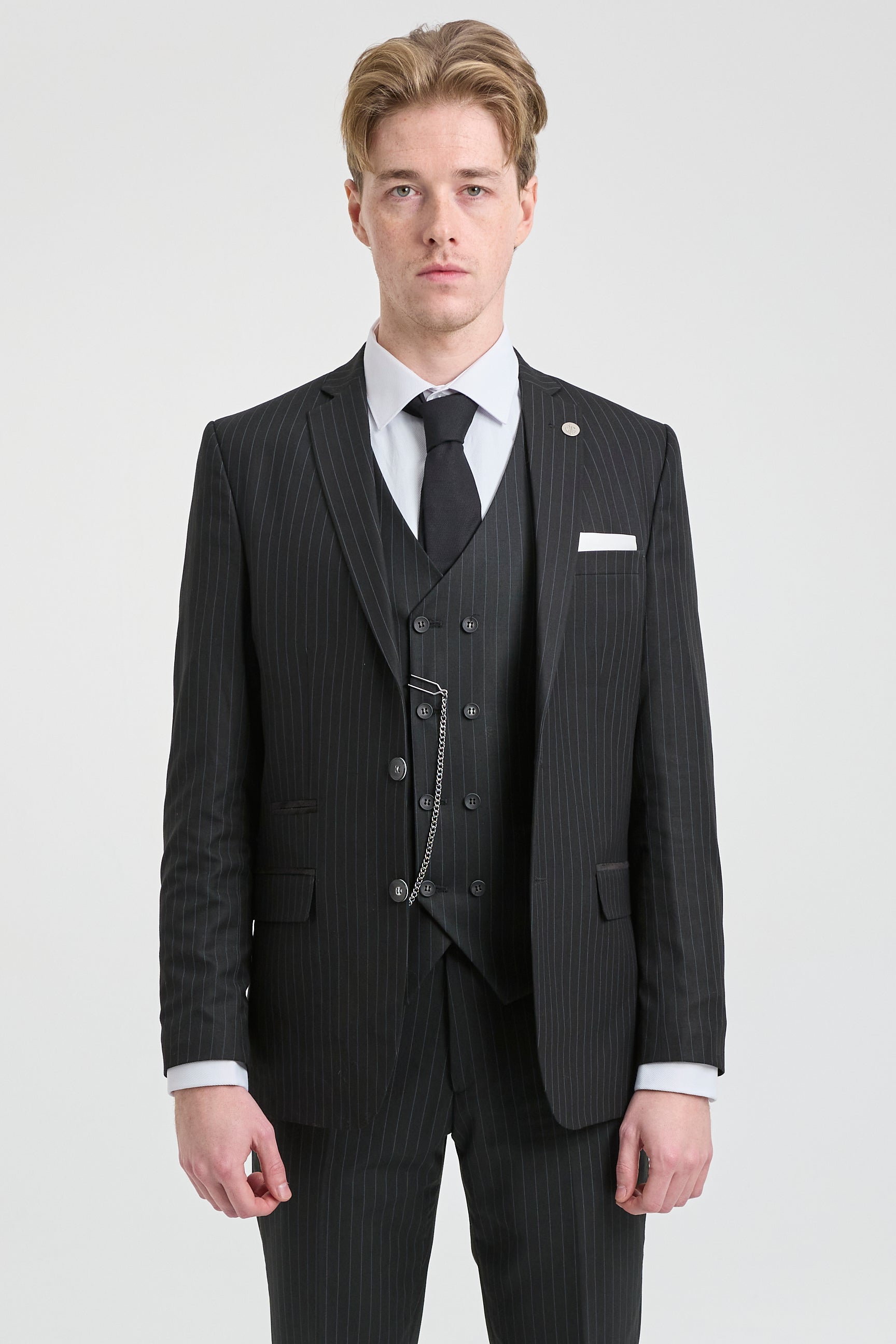 Mens Black 3 Piece Pinstripe Suit: Buy Online - Happy Gentleman
