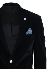 Mens Velvet Blazer Suit Jacket 2 Button Dinner Smart Casual Formal Tailored Fit - Black