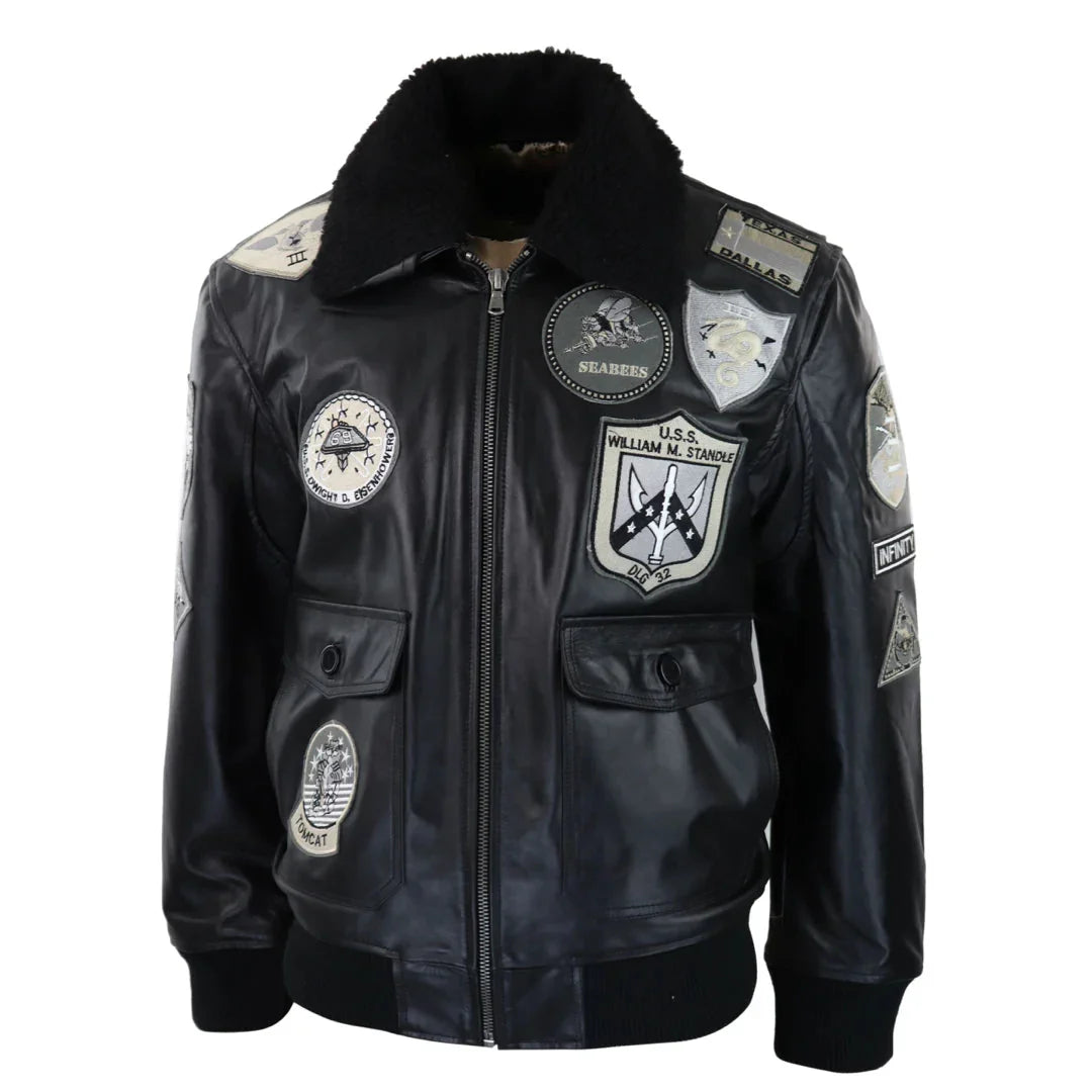 Men's Full Black Grey Topgun Maverick Jacket Pilot Bomber US Badges Black Fur Tom Cat