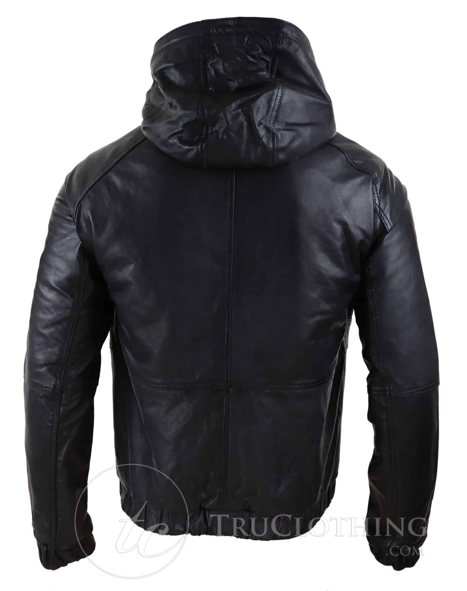Mens Real Leather Bomber Hood Jacket - Black