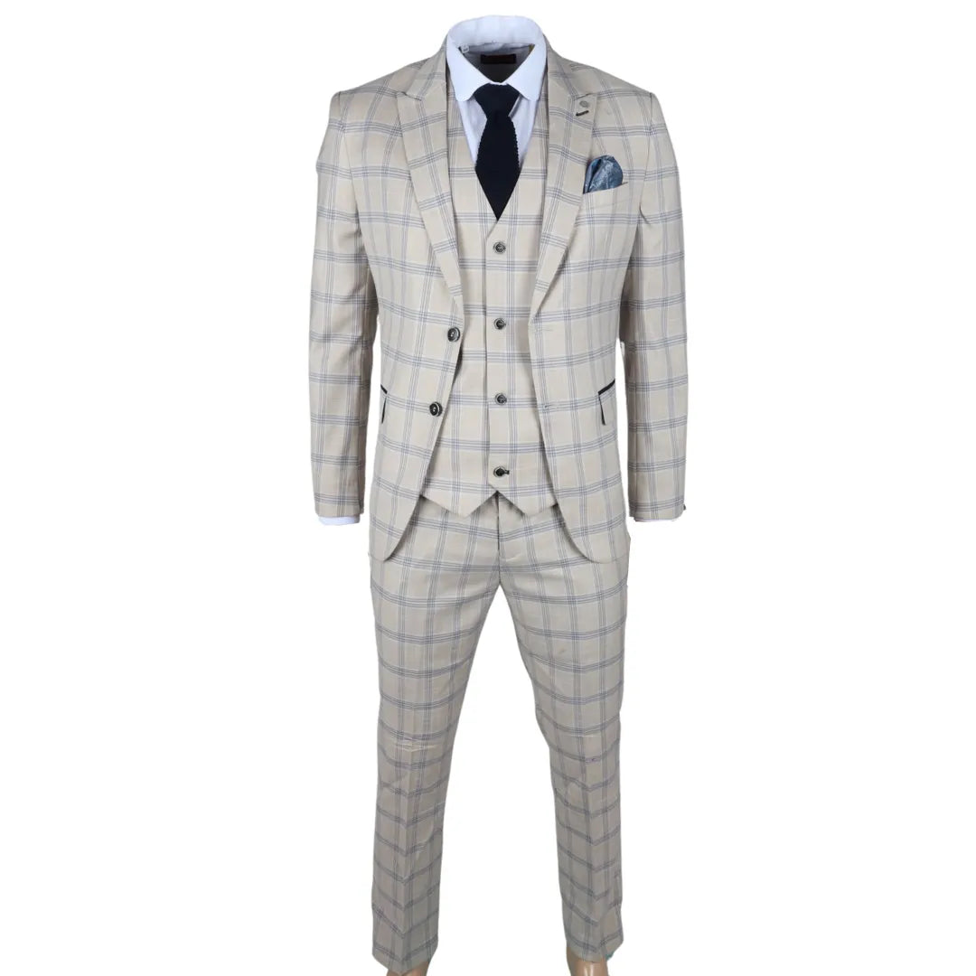 Warwick Men's Beige 3-Piece Checked Suit