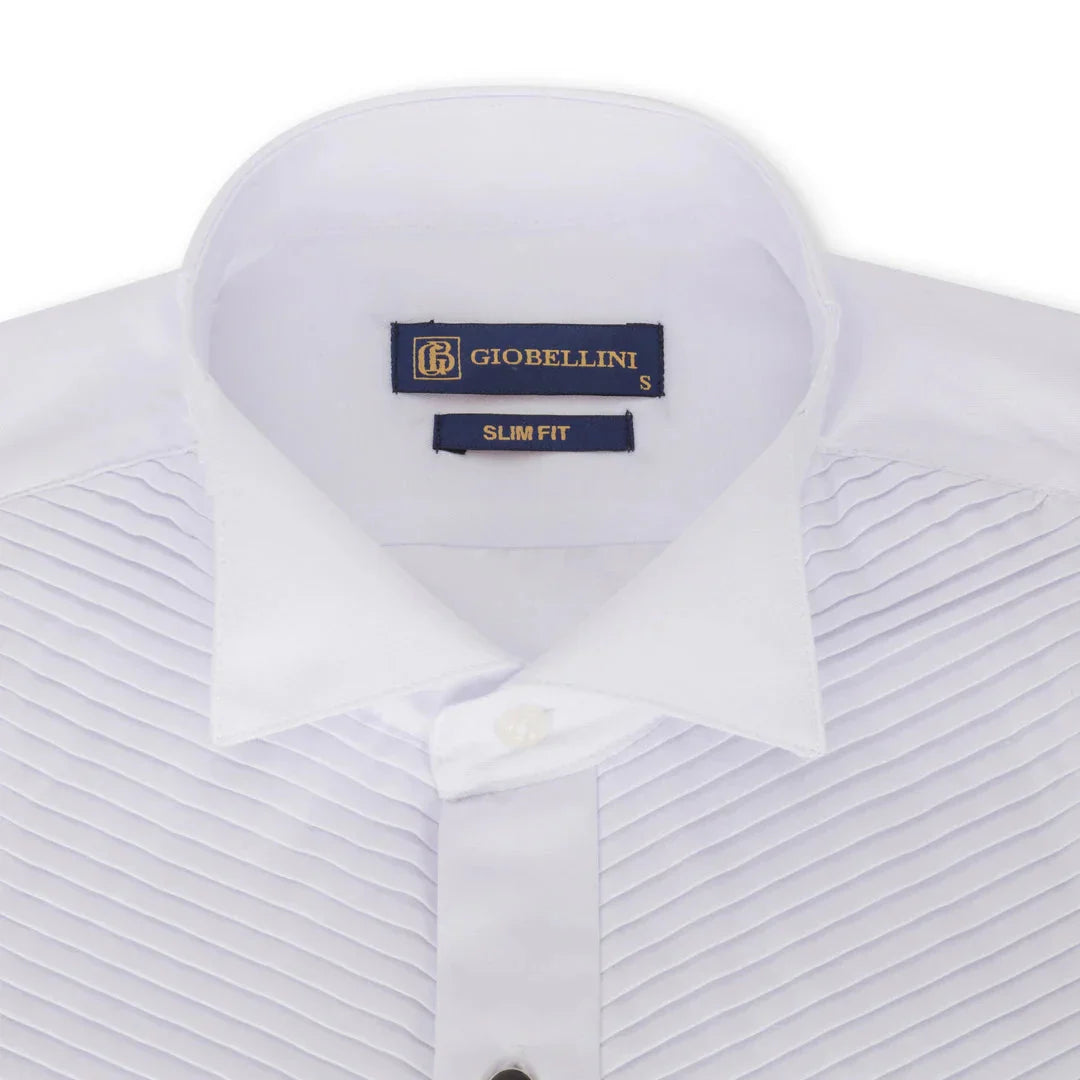 Men's Wing Collar White Shirt Pleated Tuxedo Double Cuff Satin Cotton