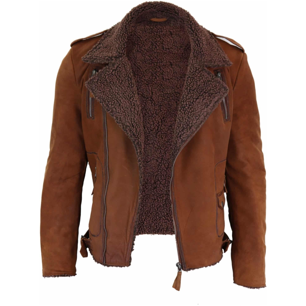 Real Leather Men S Cross Zip Biker Jacket Fleece Lined Tan Buy Online