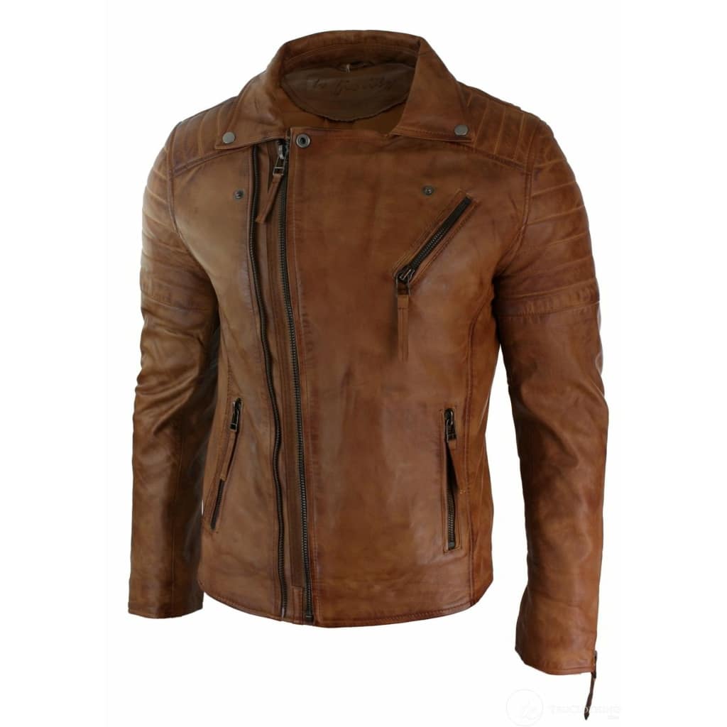 Real Leather Slim Fit Cross Zip Mens Retro Vintage Brando Jacket