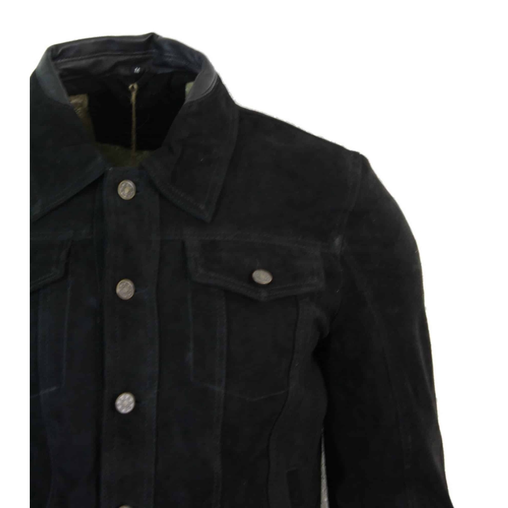 Real Suede Leather Mens Vintage Short Denim Style Retro Jean Jacket