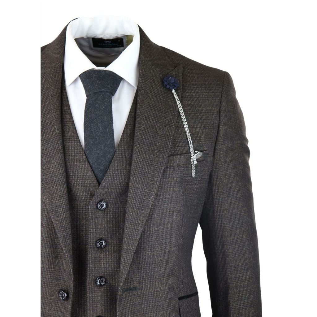 Mens 3 Piece Check Suit Tweed Black Brown Tailored Fit Wedding Peaky