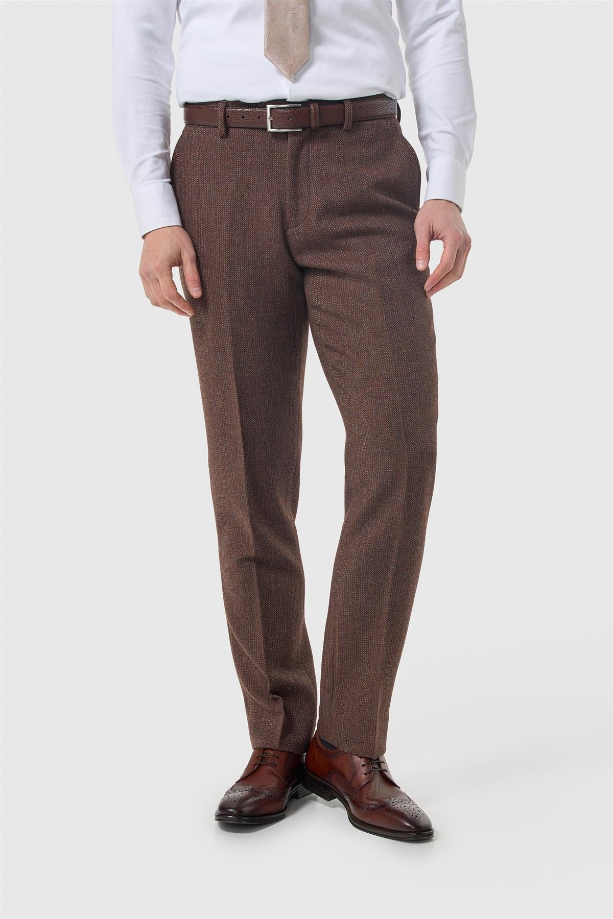 Thomas - Men's Brown Wool Blend Herringbone Tweed Trousers