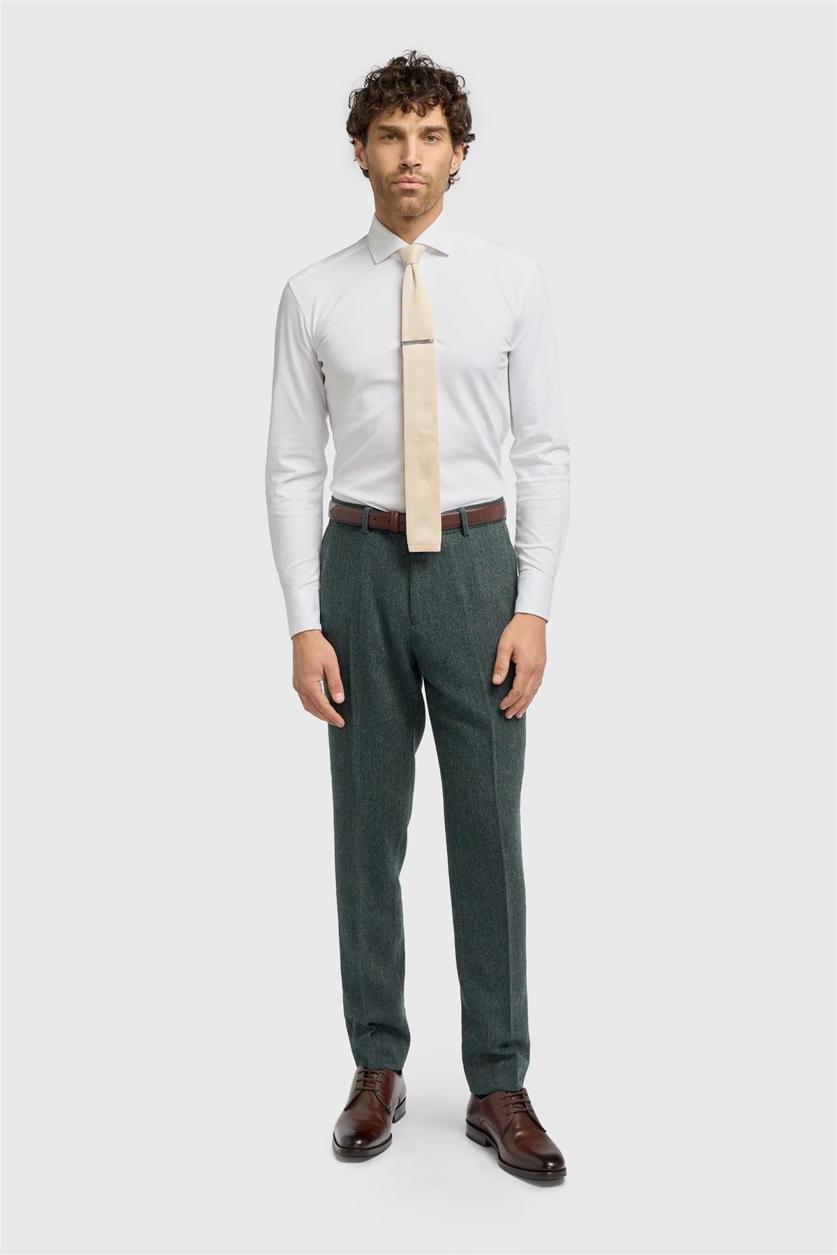 Thomas - Men's Olive Wool Blend Herringbone Tweed Trousers