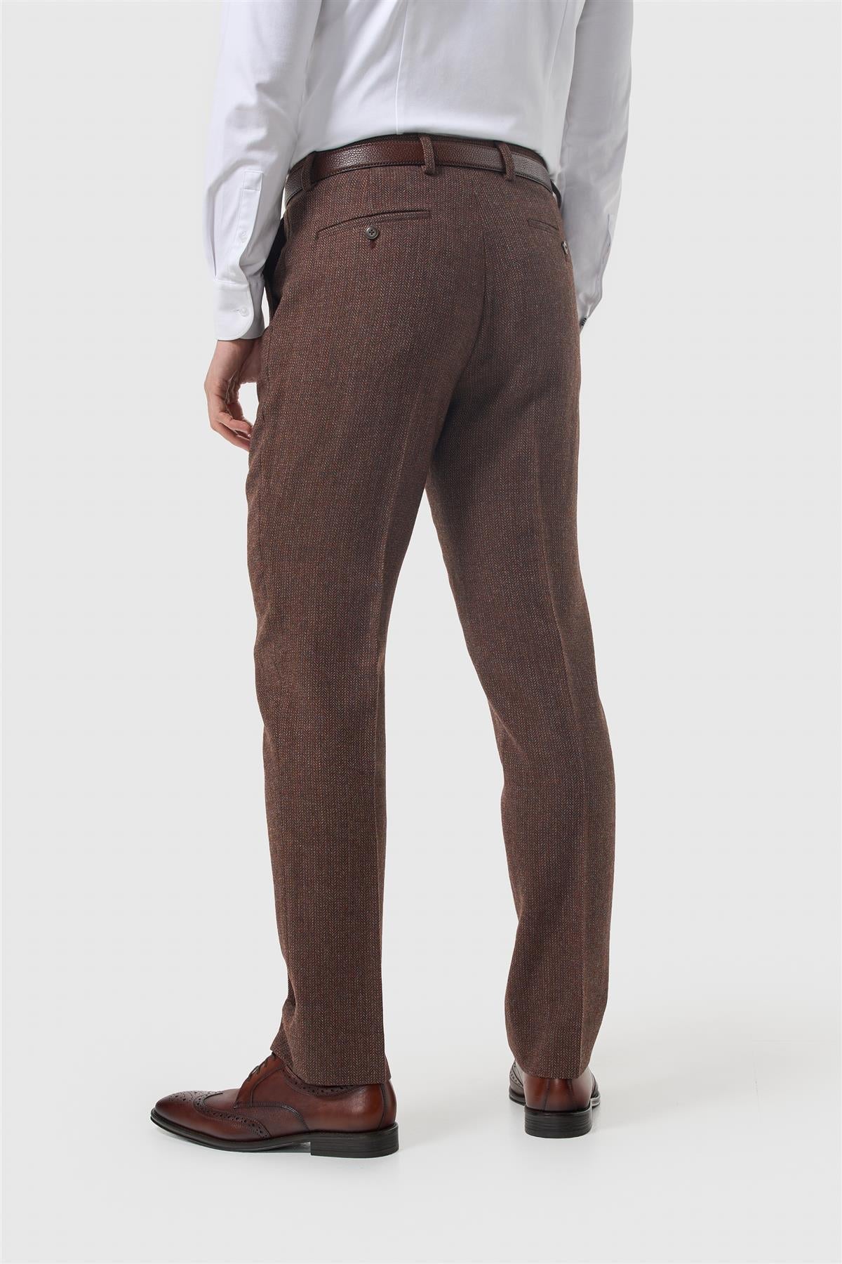 Thomas - Men's Brown Wool Blend Herringbone Tweed Trousers