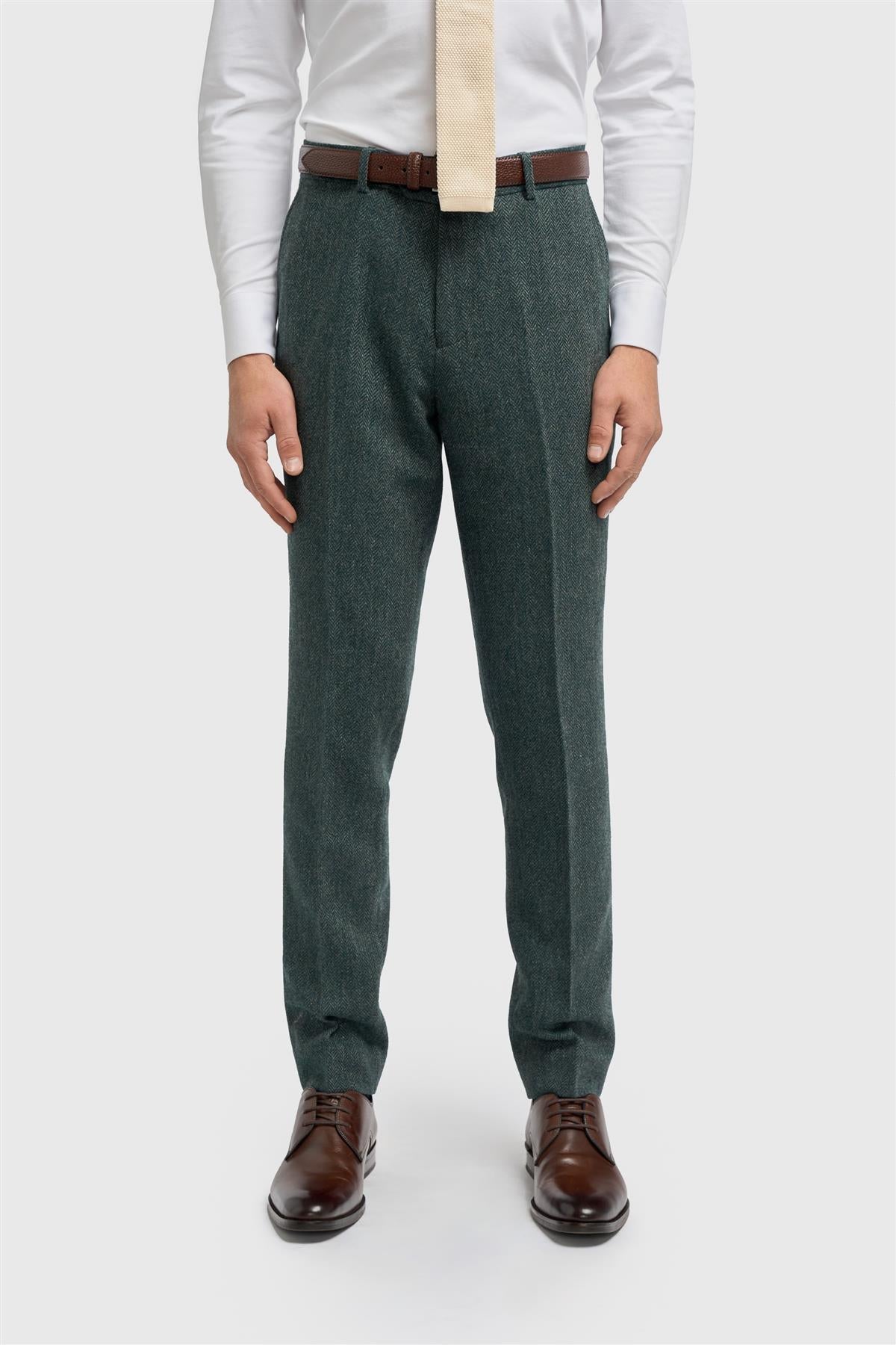 Thomas - Men's Olive Wool Blend Herringbone Tweed Trousers