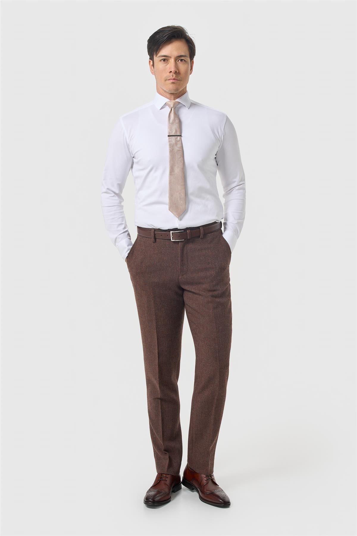 Thomas - Men's Brown Wool Blend Herringbone Tweed Trousers