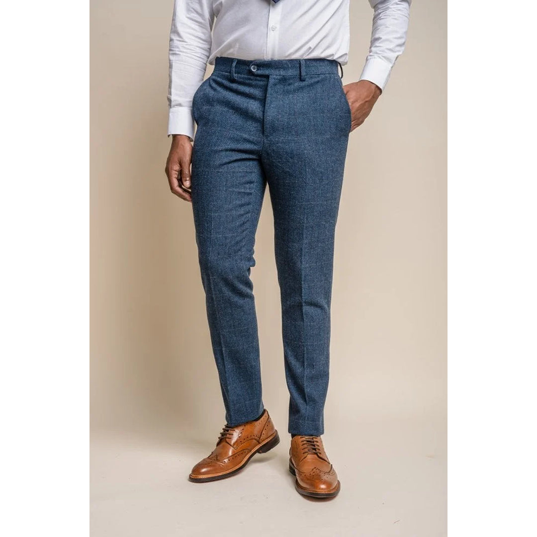 Mens Blue Check Tweed Trosuers - Cavani Carnegi