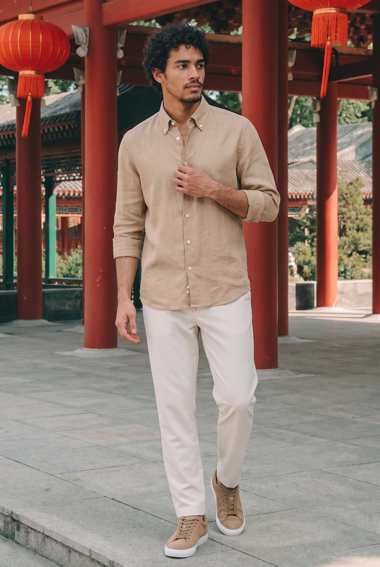 Men’s Camel Brown Pure Linen Shirt Long Sleeve Button-Down Summer Shirt