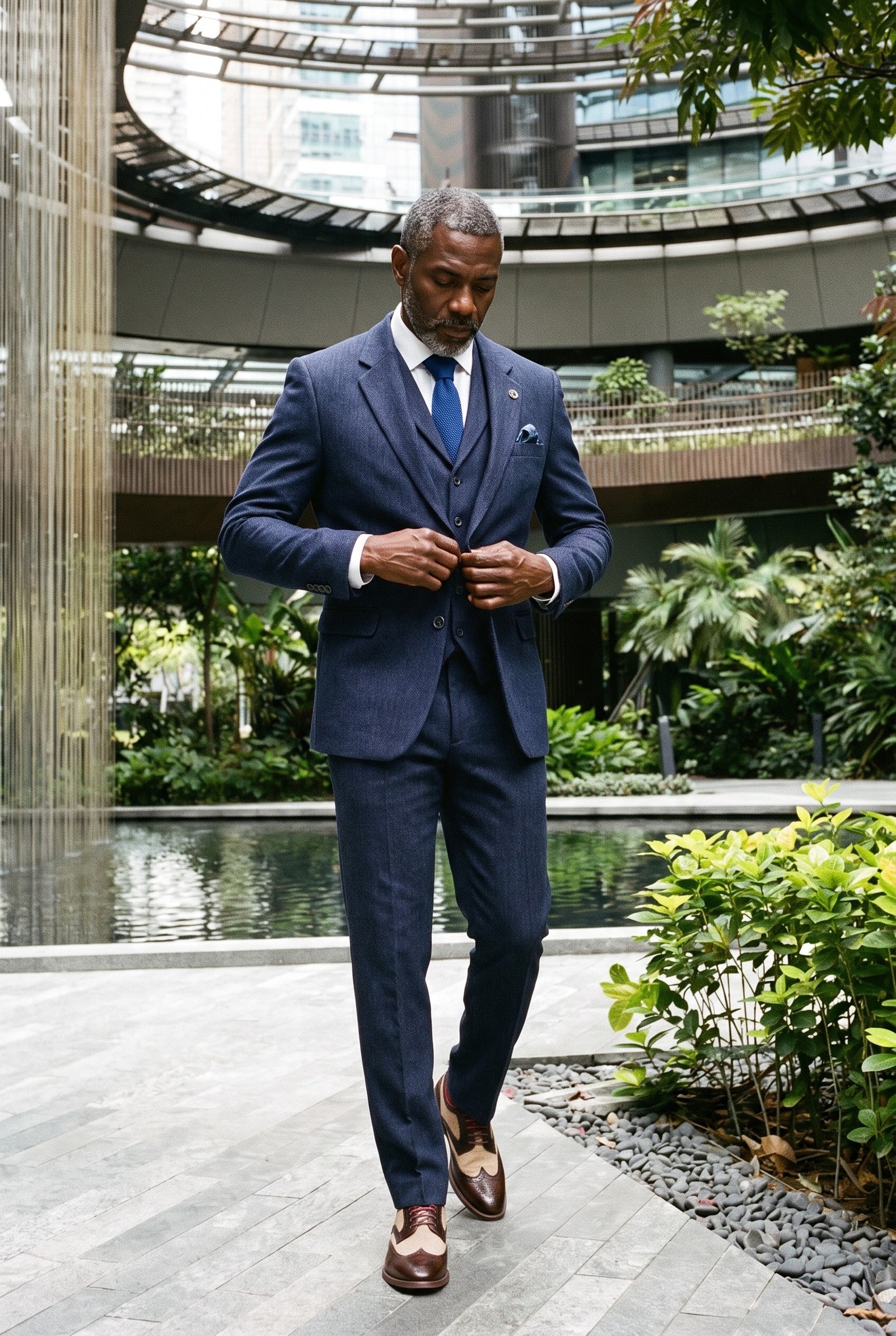Look #988 styled with Men's Navy-Blue Herringbone Tweed 3 Piece Suit
