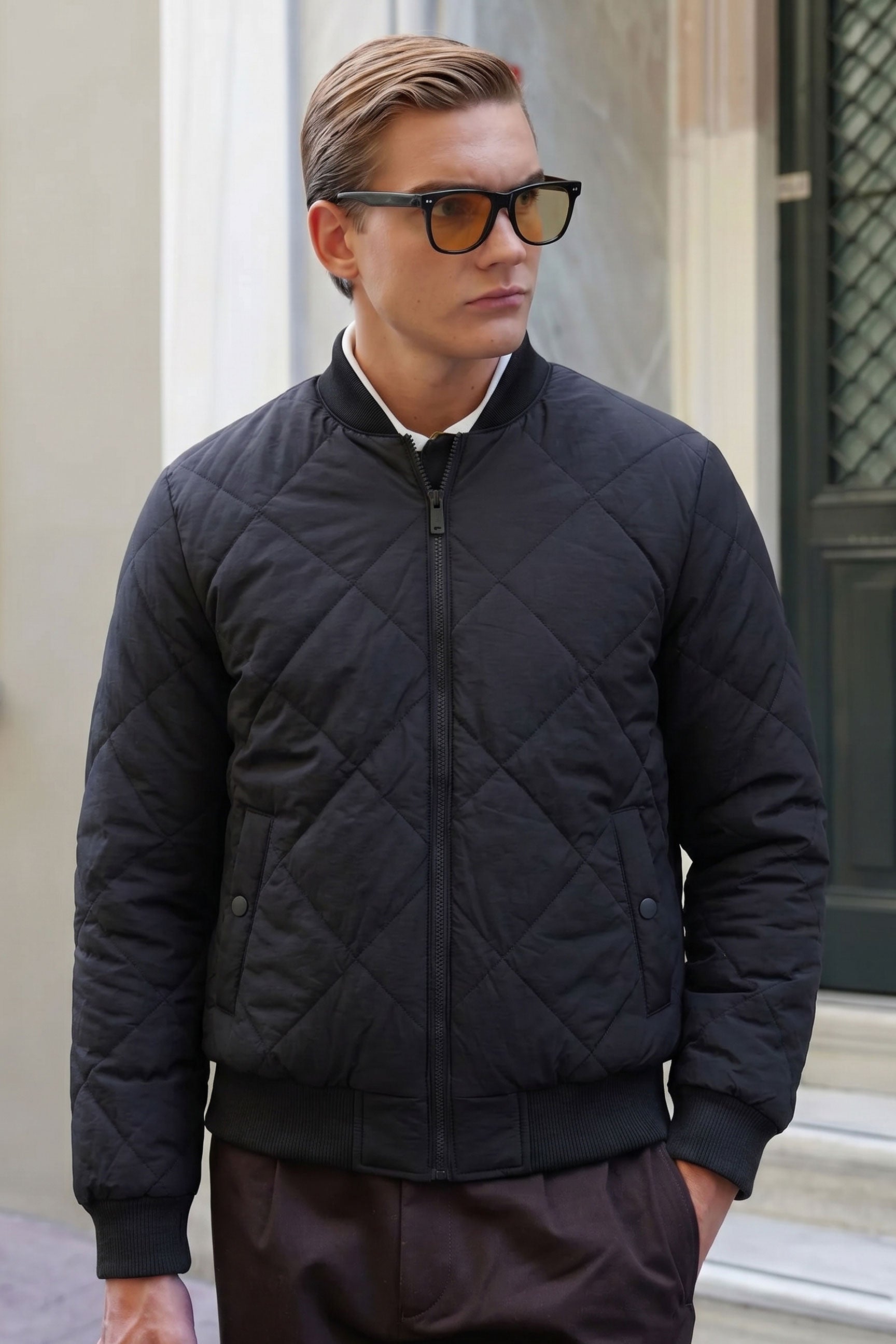 Men’s Black & Beige Reversible Bomber Lightweight Quilted 2-in-1 Jacket