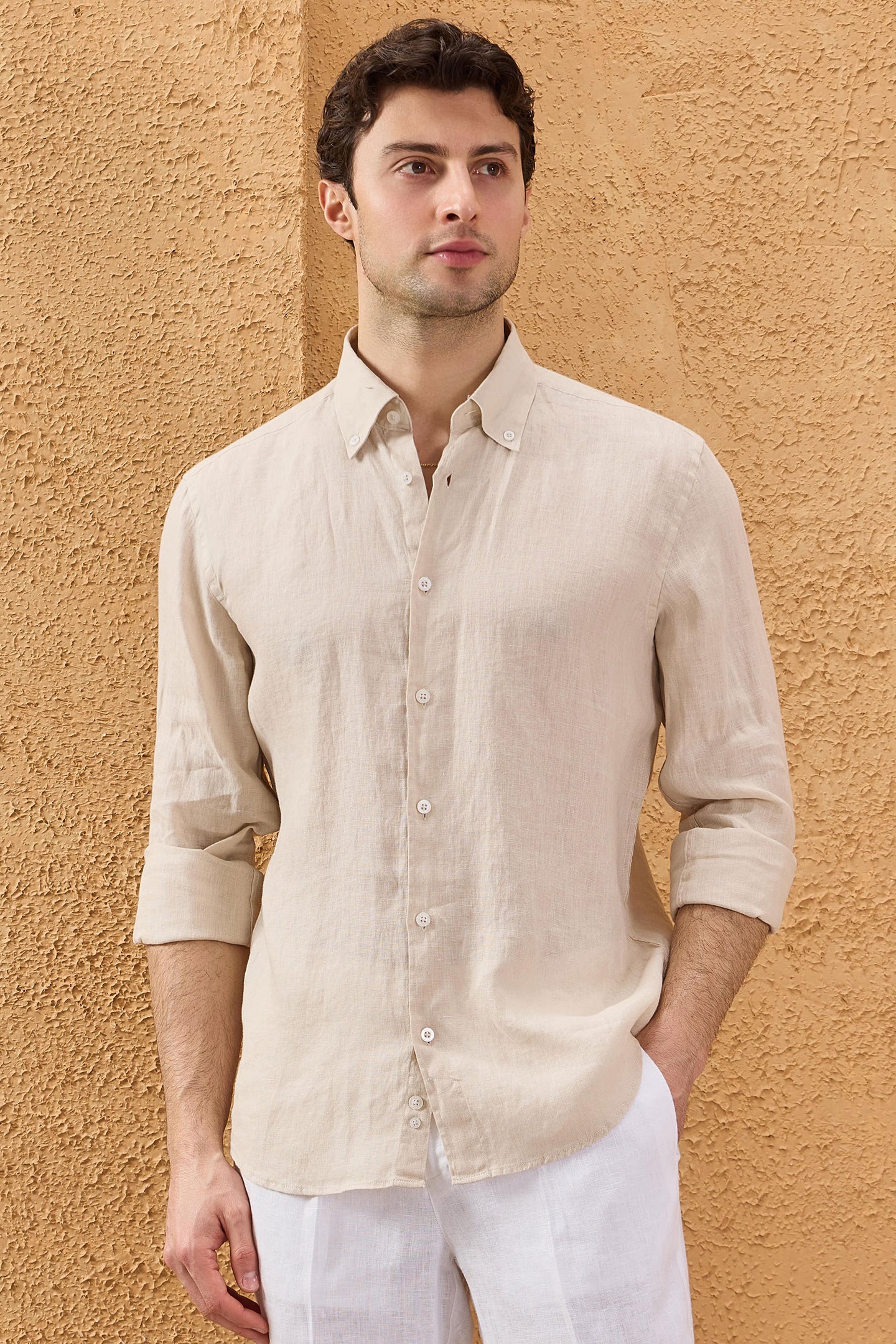 Men’s Beige Pure Linen Shirt Long Sleeve Button-Down Summer Shirt