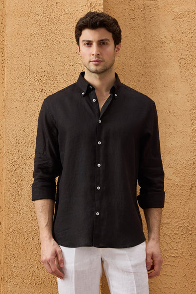 black linen dress shirt men Long Sleeve Linen Shirt in Black