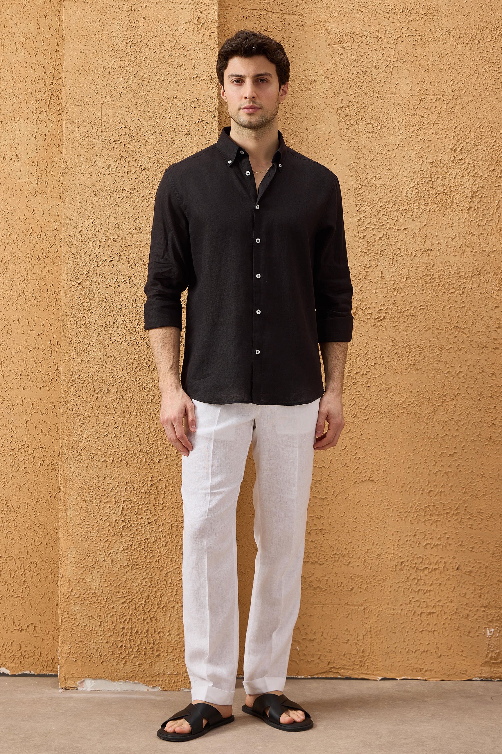 black linen dress shirt men Black linen shirt