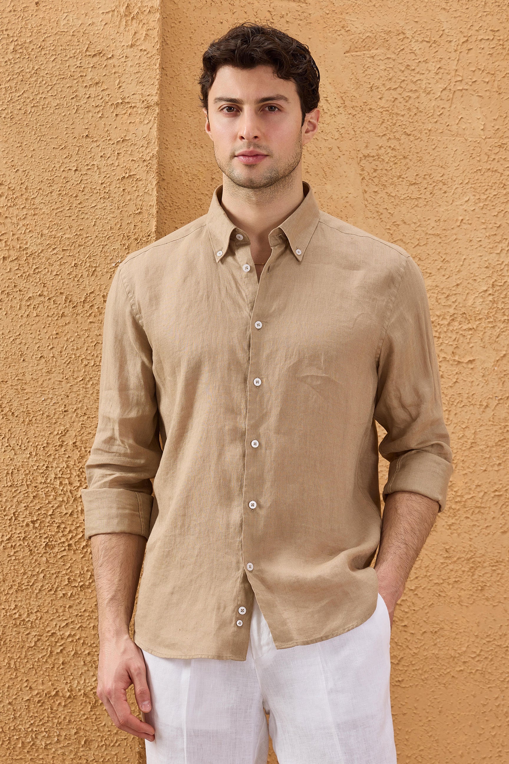 Men's camel brown pure linen long sleeve shirt