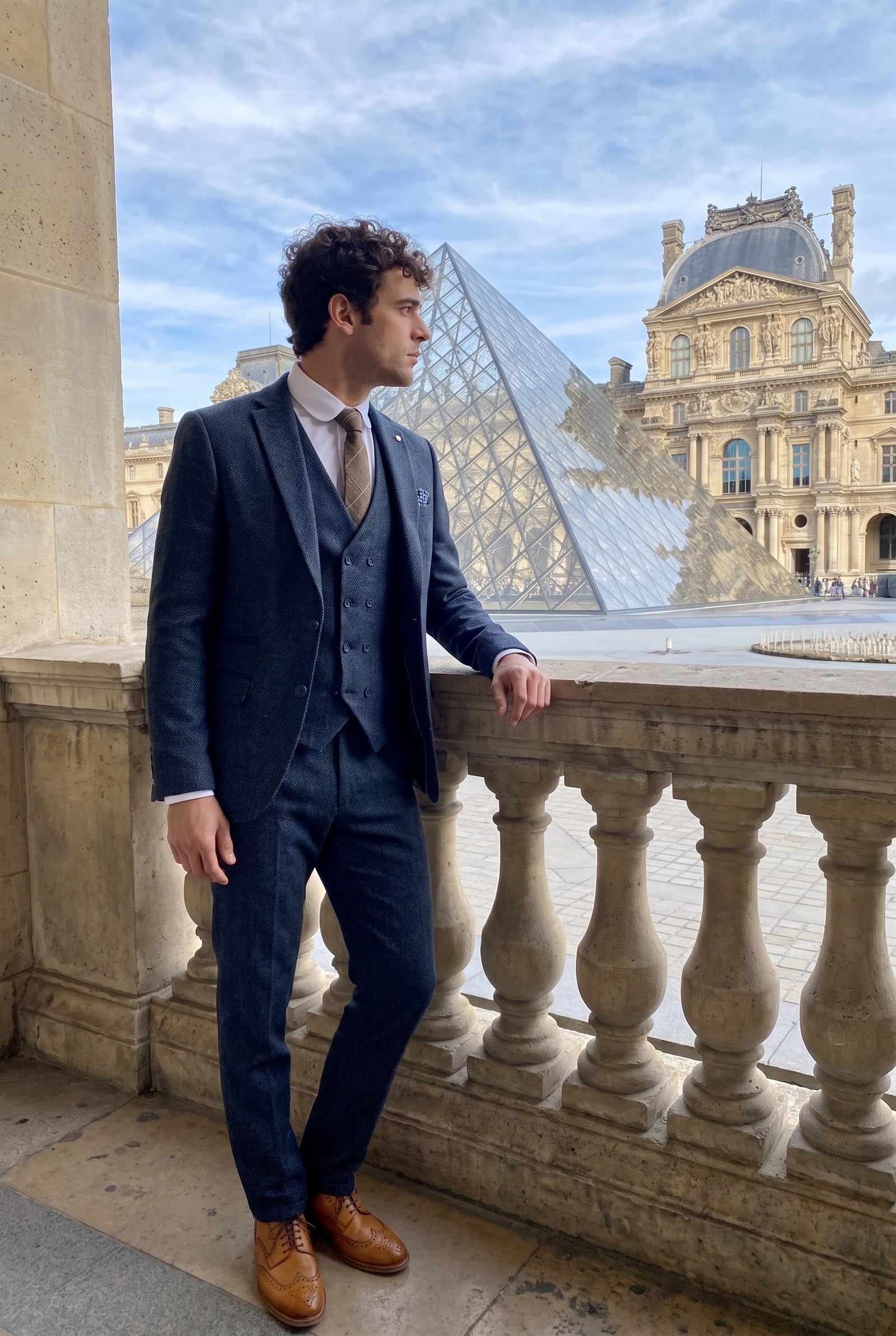 Look #380 styled with Mens 3 Piece Navy Suit with Double Breasted Waistcoat
