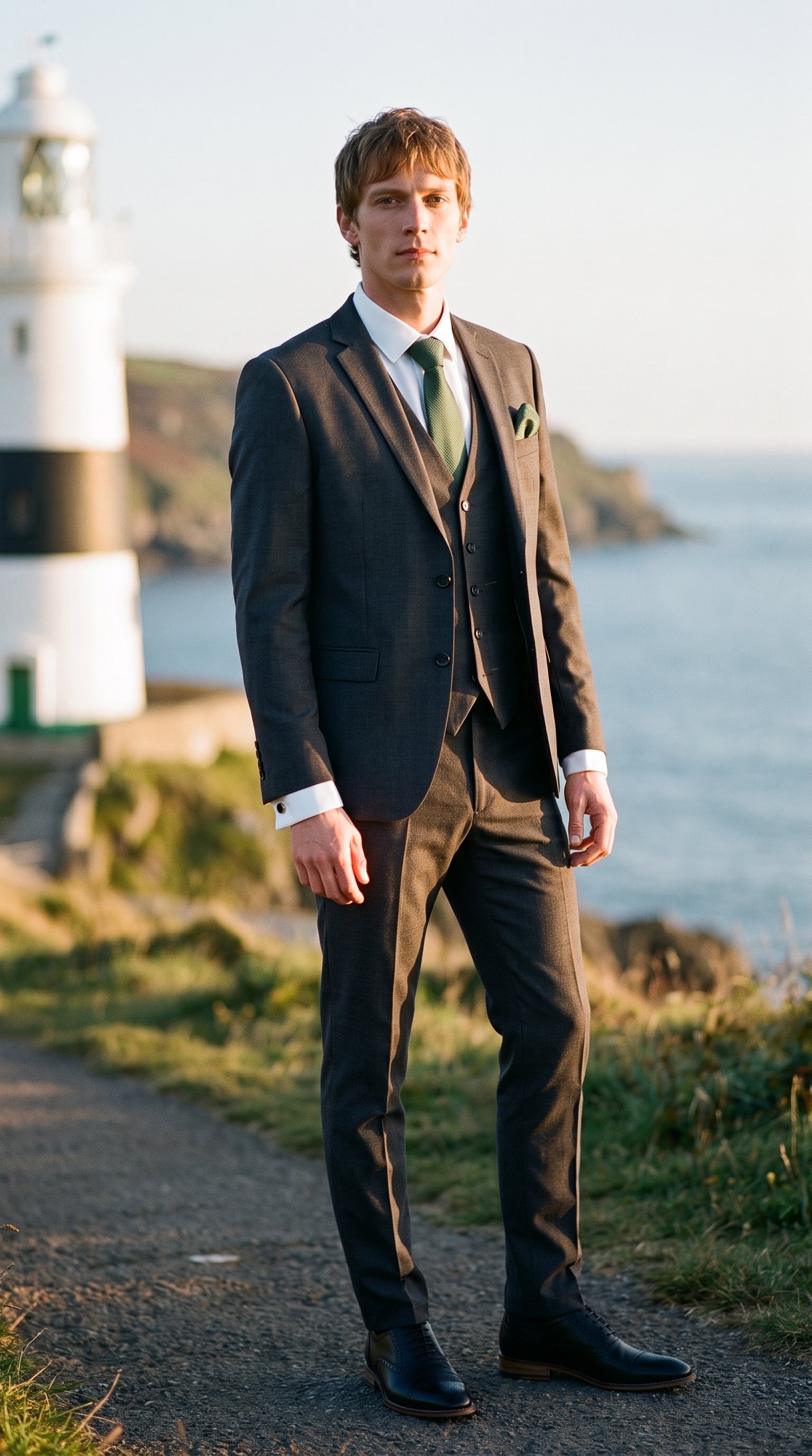 Look #817 styled with Mens Dark Grey Charcoal 3 Piece Suit Classic Stitch Wedding Summer Prom Classic