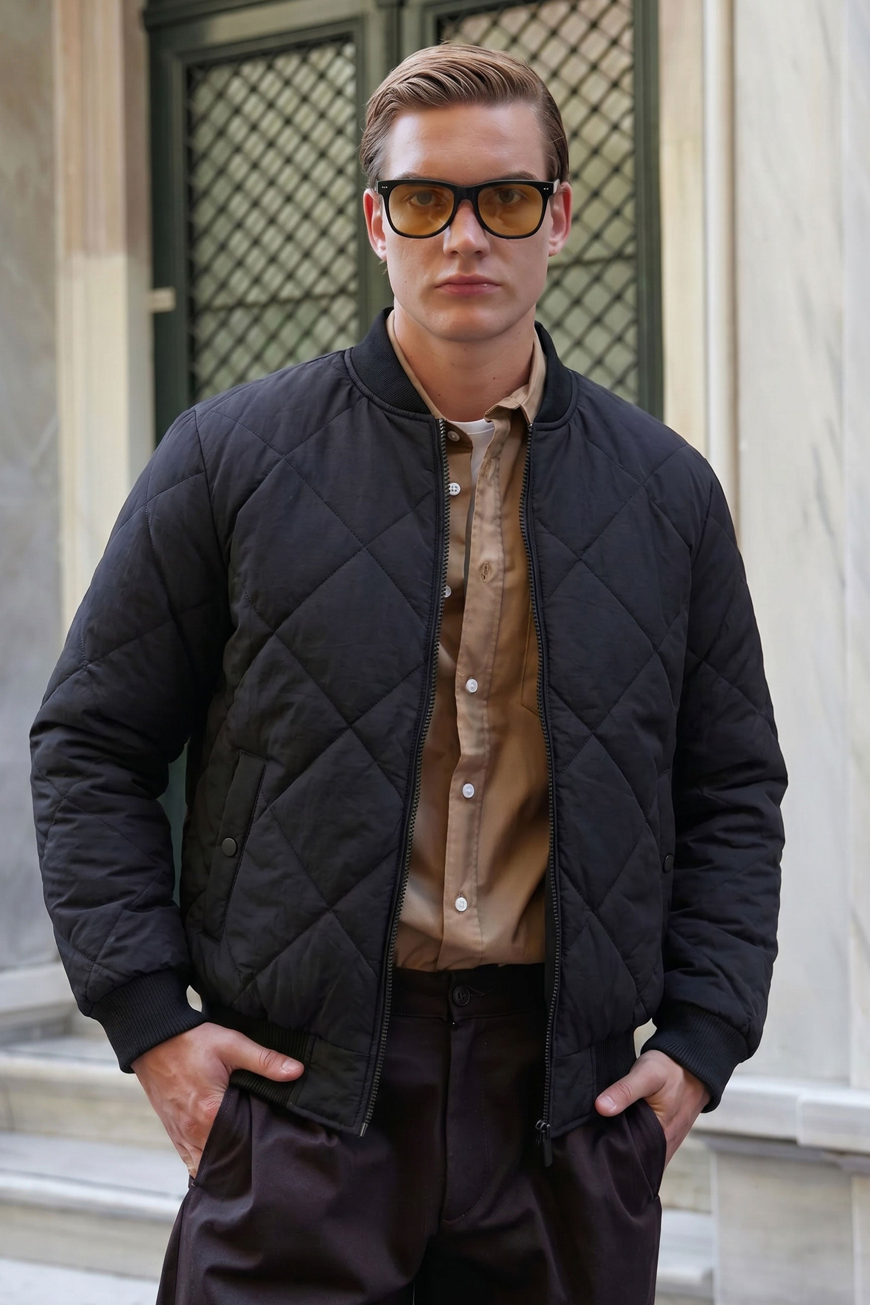 Men’s Black & Beige Reversible Bomber Lightweight Quilted 2-in-1 Jacket