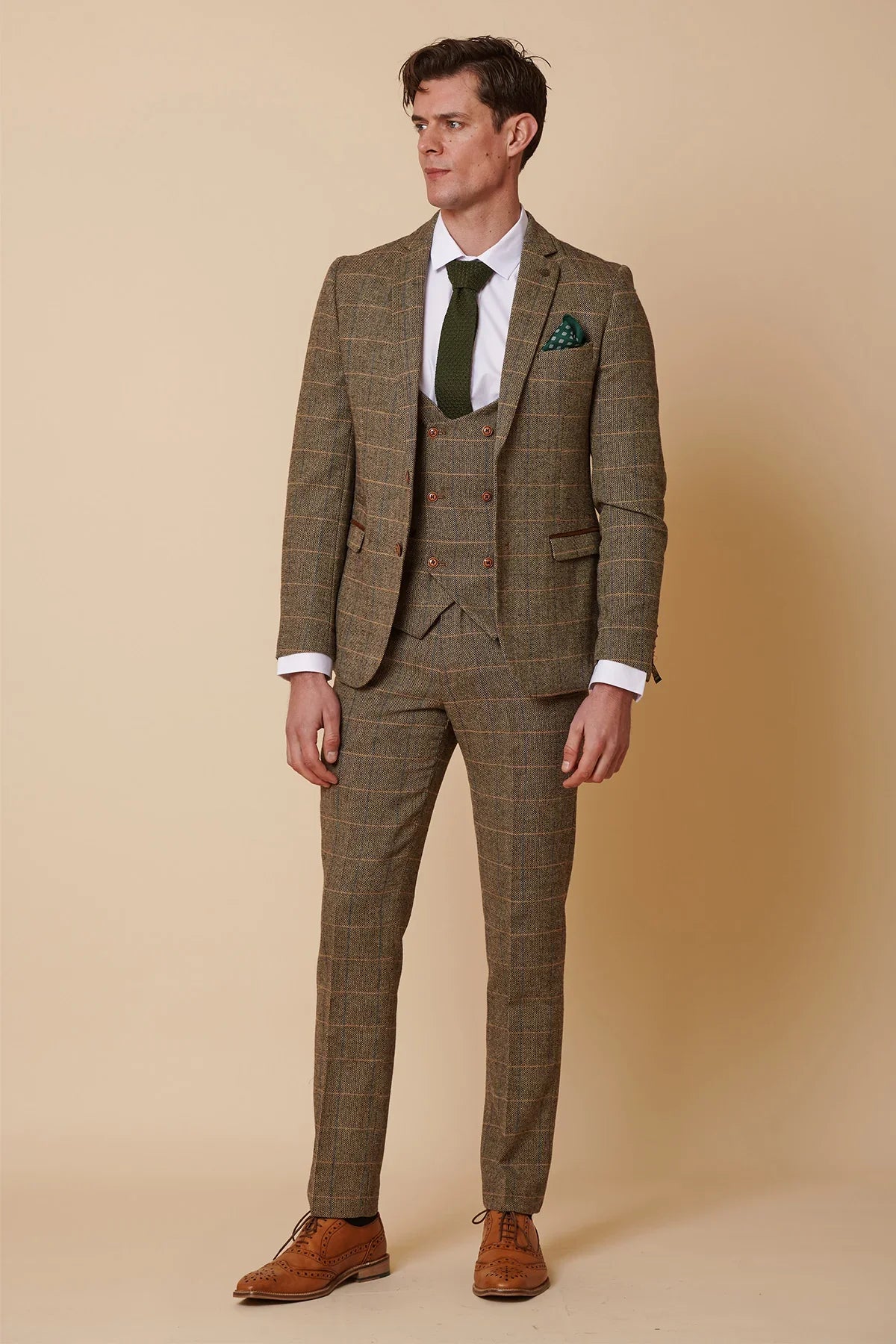 Mens 3 Piece Herringbone Tweed Tan Brown Check Suit Tailored Fit Double Classic