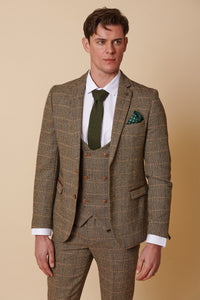 Mens 3 Piece Herringbone Tweed Tan Brown Check Suit Tailored Fit Double Classic