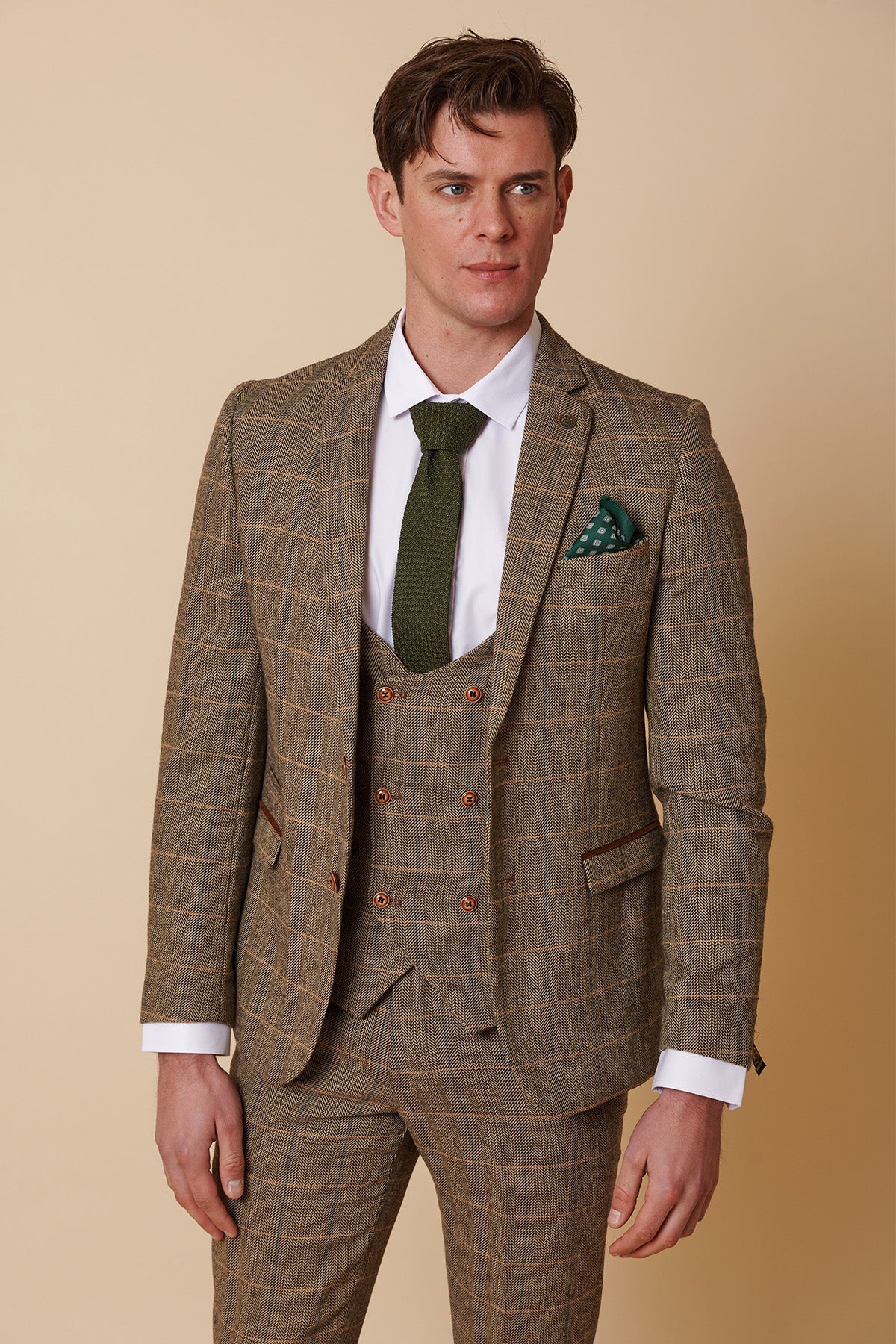 Mens 3 Piece Herringbone Tweed Tan Brown Check Suit Tailored Fit Double Classic