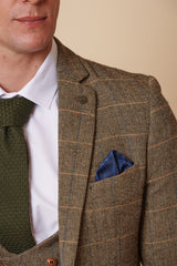 Mens 3 Piece Herringbone Tweed Tan Brown Check Suit Tailored Fit Double Classic