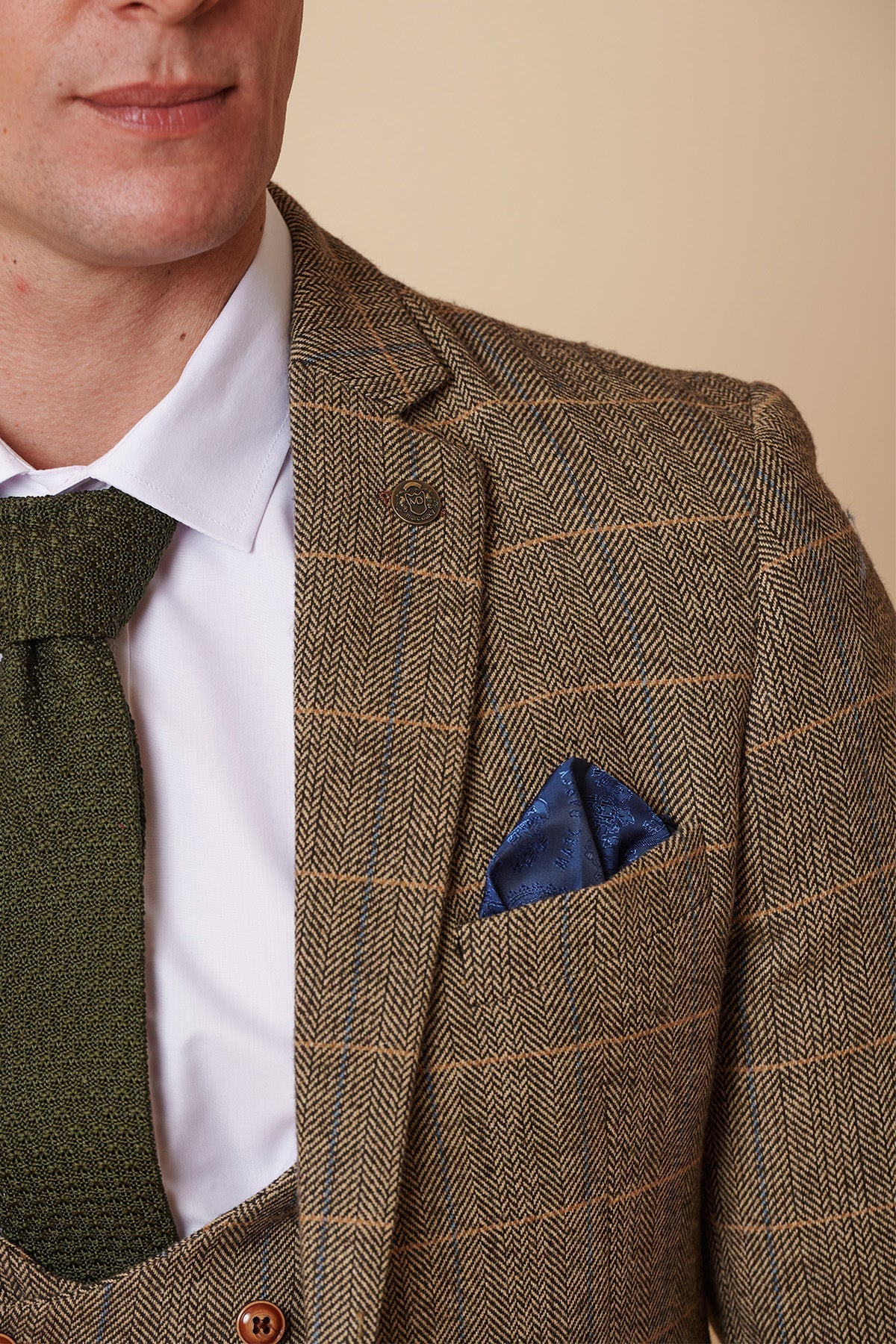 Mens 3 Piece Herringbone Tweed Tan Brown Check Suit Tailored Fit Double Classic