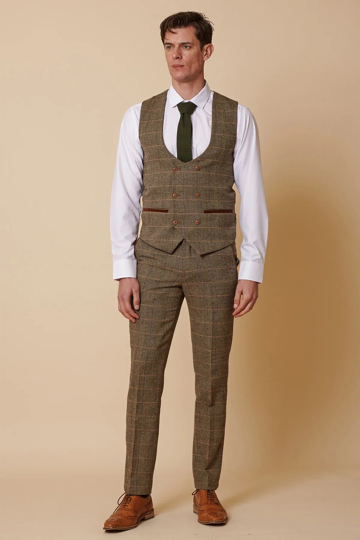 Mens 3 Piece Herringbone Tweed Tan Brown Check Suit Tailored Fit Double Classic
