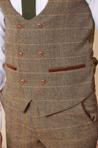 Mens 3 Piece Herringbone Tweed Tan Brown Check Suit Tailored Fit Double Classic